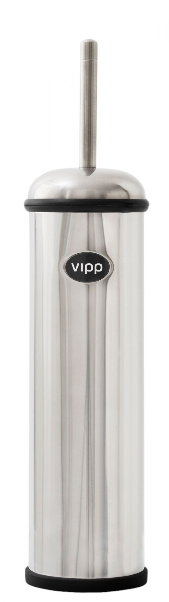 Vipp Toilettenbürste aus Edelstahl, freistehend, mit schwarzem Gummiring und Bürste, modernes Badezimmeraccessoire.