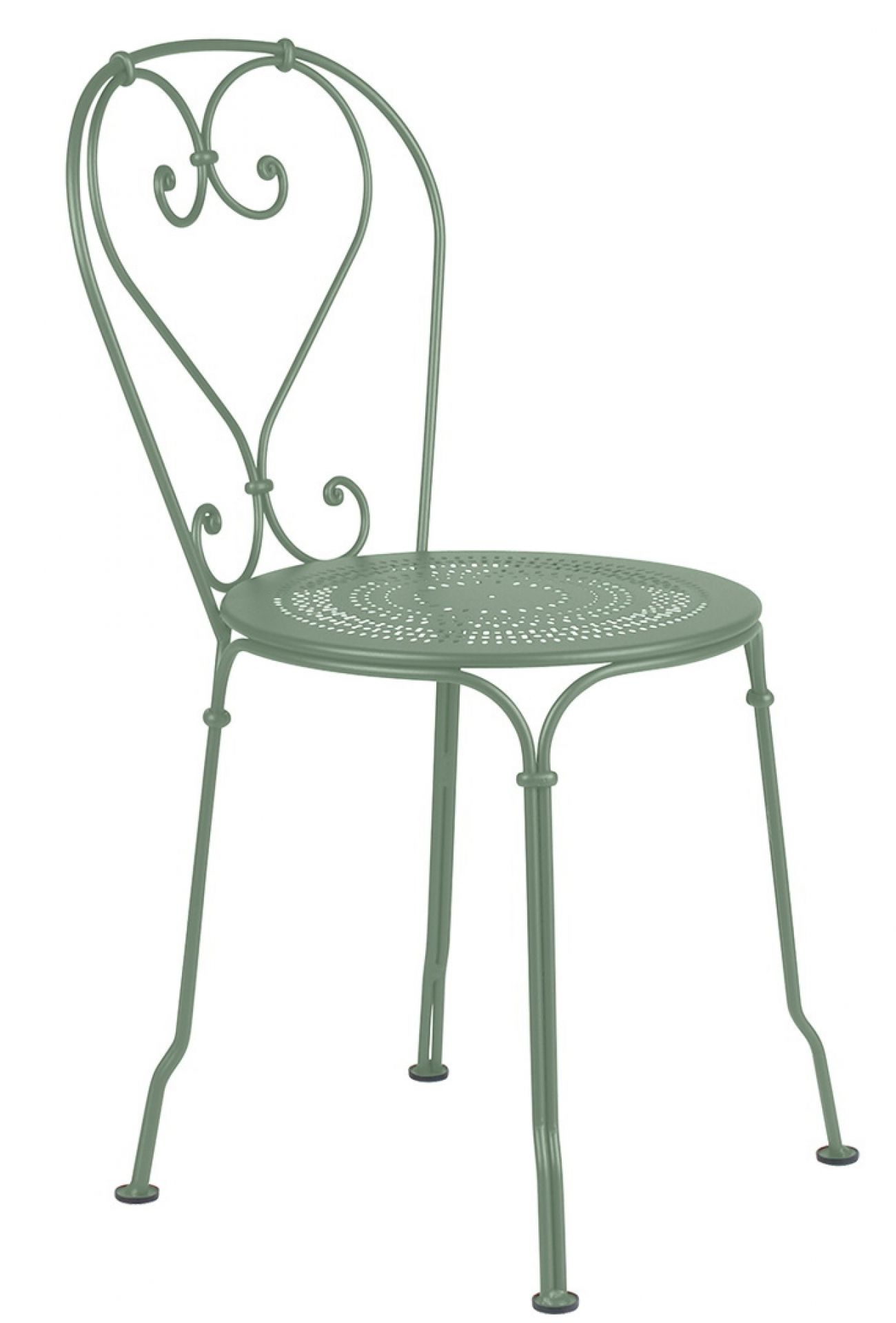 Grüner 1900 Stuhl von Fermob für den Außenbereich mit filigranem, herzförmigem Rückendesign.
