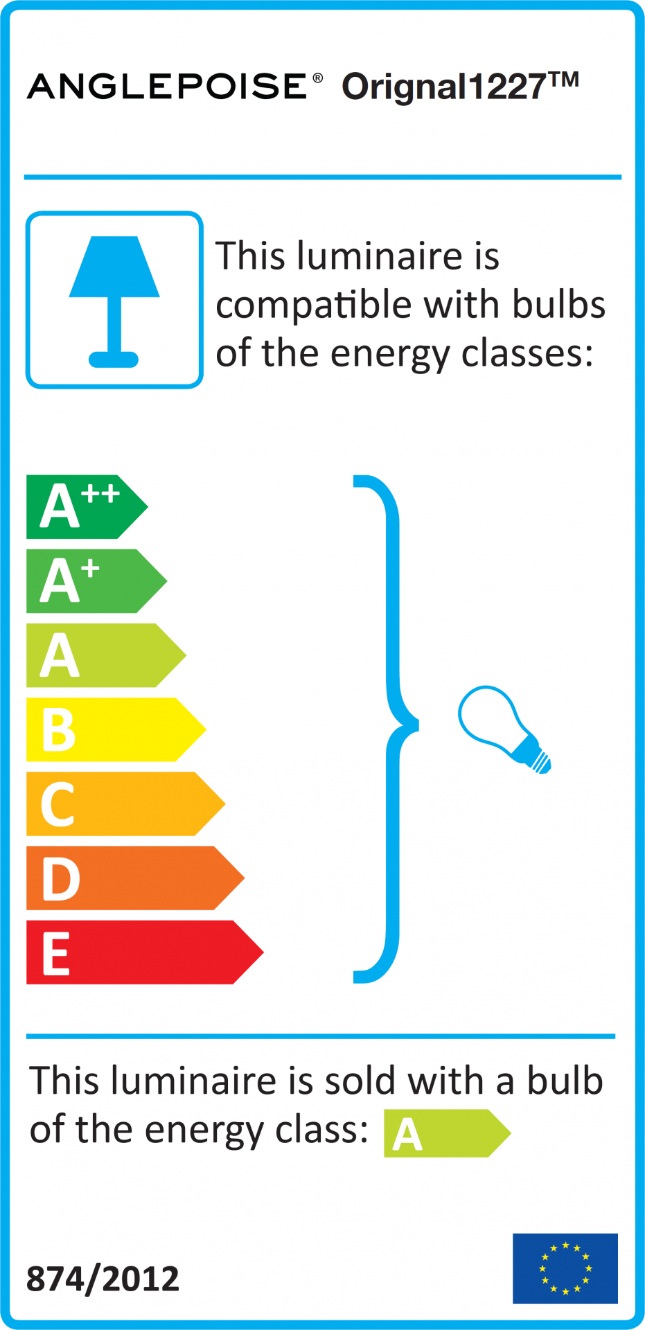 Energieeffizienzlabel der Anglepoise Original 1227 Tischleuchte, kompatible Energieklassen und mitgelieferte Glühbirne.