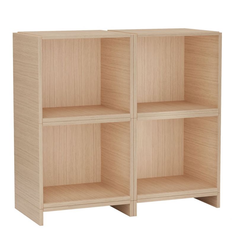 Bricks System Regal von Woud, helles Holz, vier Fächer, modernes modulares Regalsystem für Wohnzimmer.