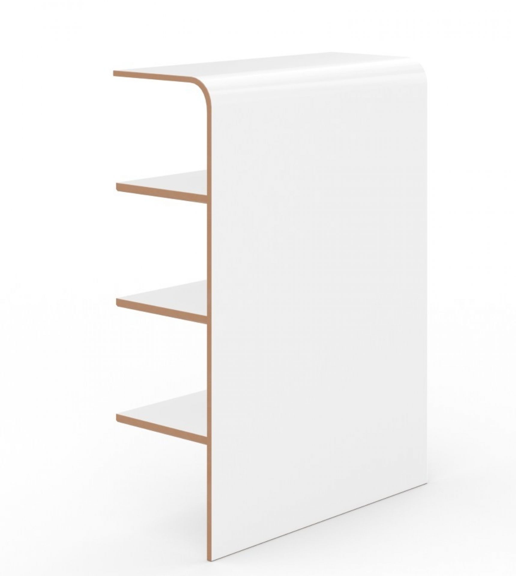 Weißes Tojo Regal mit drei Ablageflächen aus Holz für Wohnzimmer oder Büro.