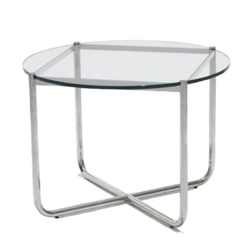 MR Couchtisch von Knoll International mit runder Glasplatte und verchromtem Stahlgestell. Moderner Beistelltisch.
