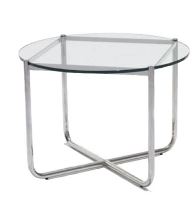 MR Couchtisch von Knoll International mit runder Glasplatte und verchromtem Stahlgestell. Moderner Beistelltisch.