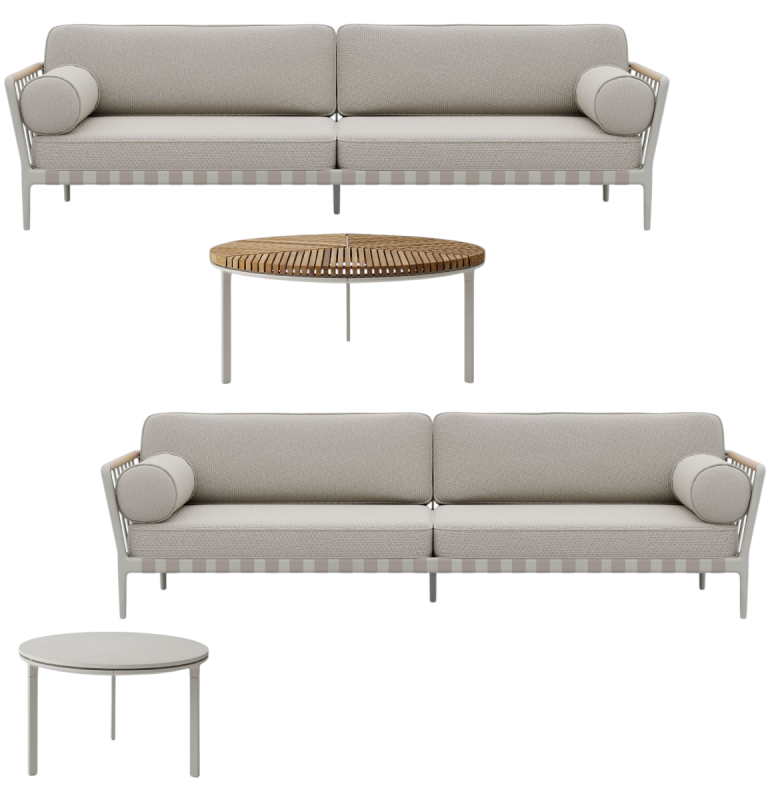 Open-Air Outdoor Lounge Set von Vipp: Zwei Sofas und zwei Tische für den Garten.