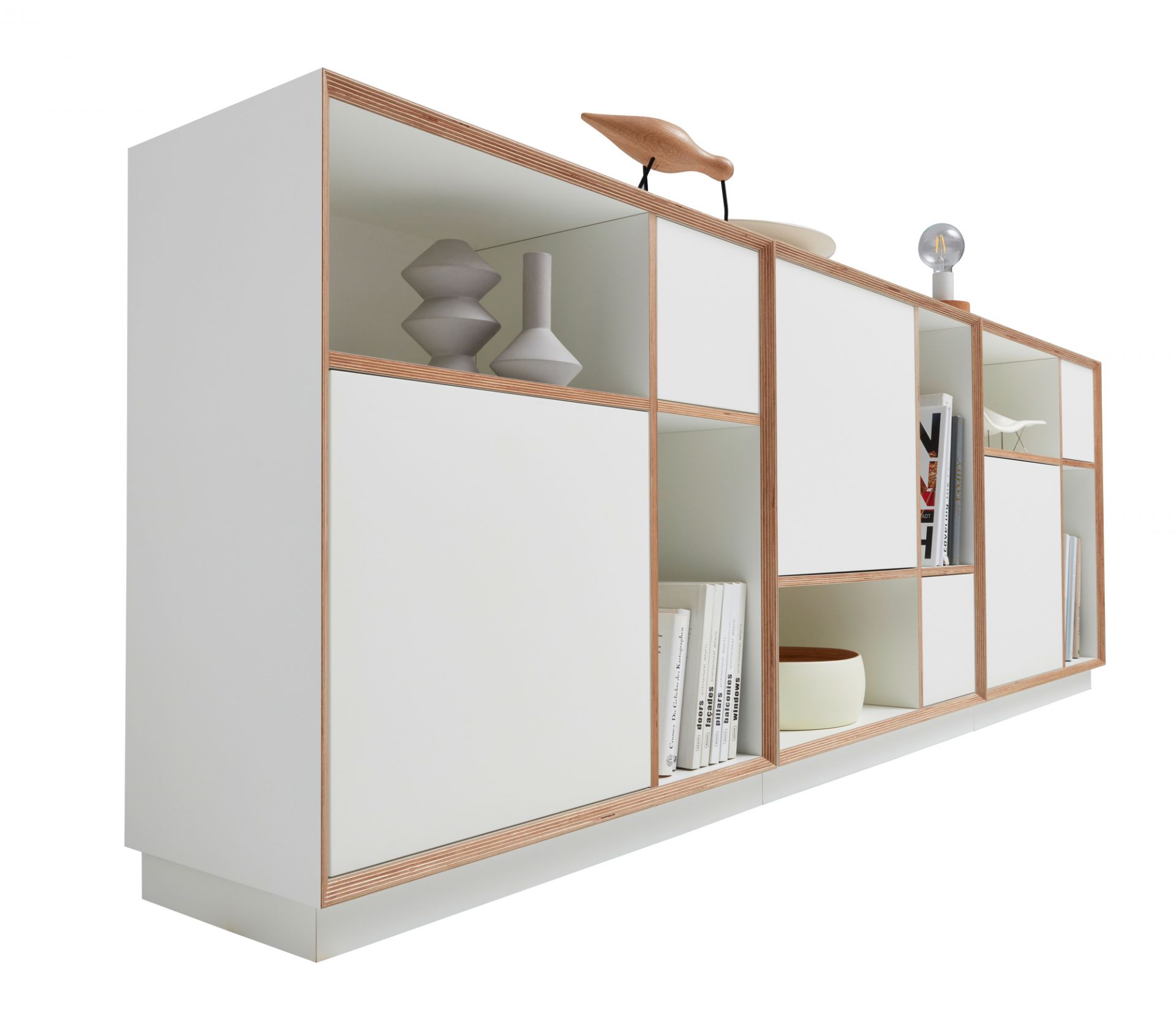 Vertiko Ply Regal von Müller Möbelwerkstätten, weißes Sideboard mit Fächern und Schubladen, modernes Design.