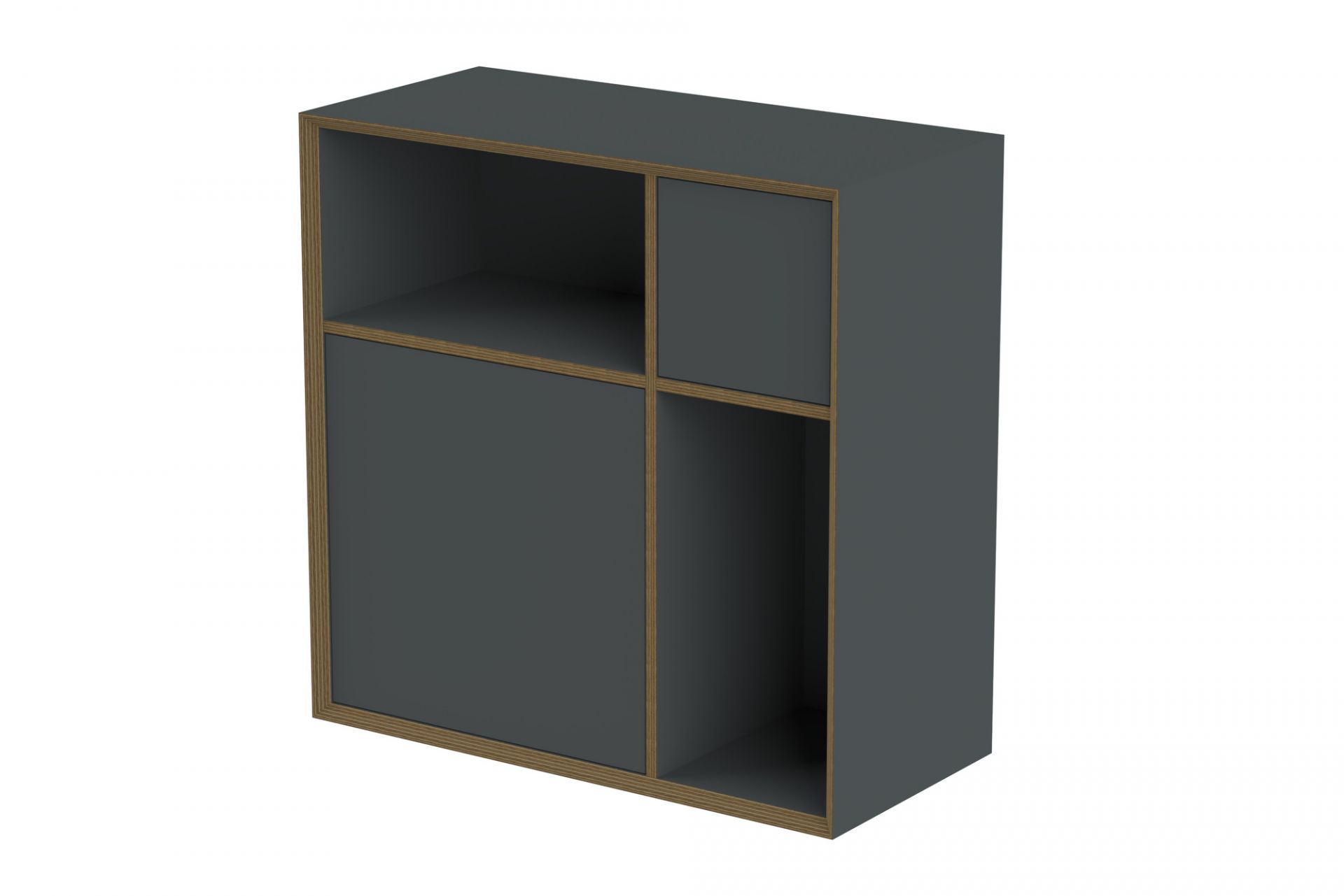 Vertiko Ply Regal von Müller Möbelwerkstätten, graues Wandregal mit Fächern und Holzrahmen.