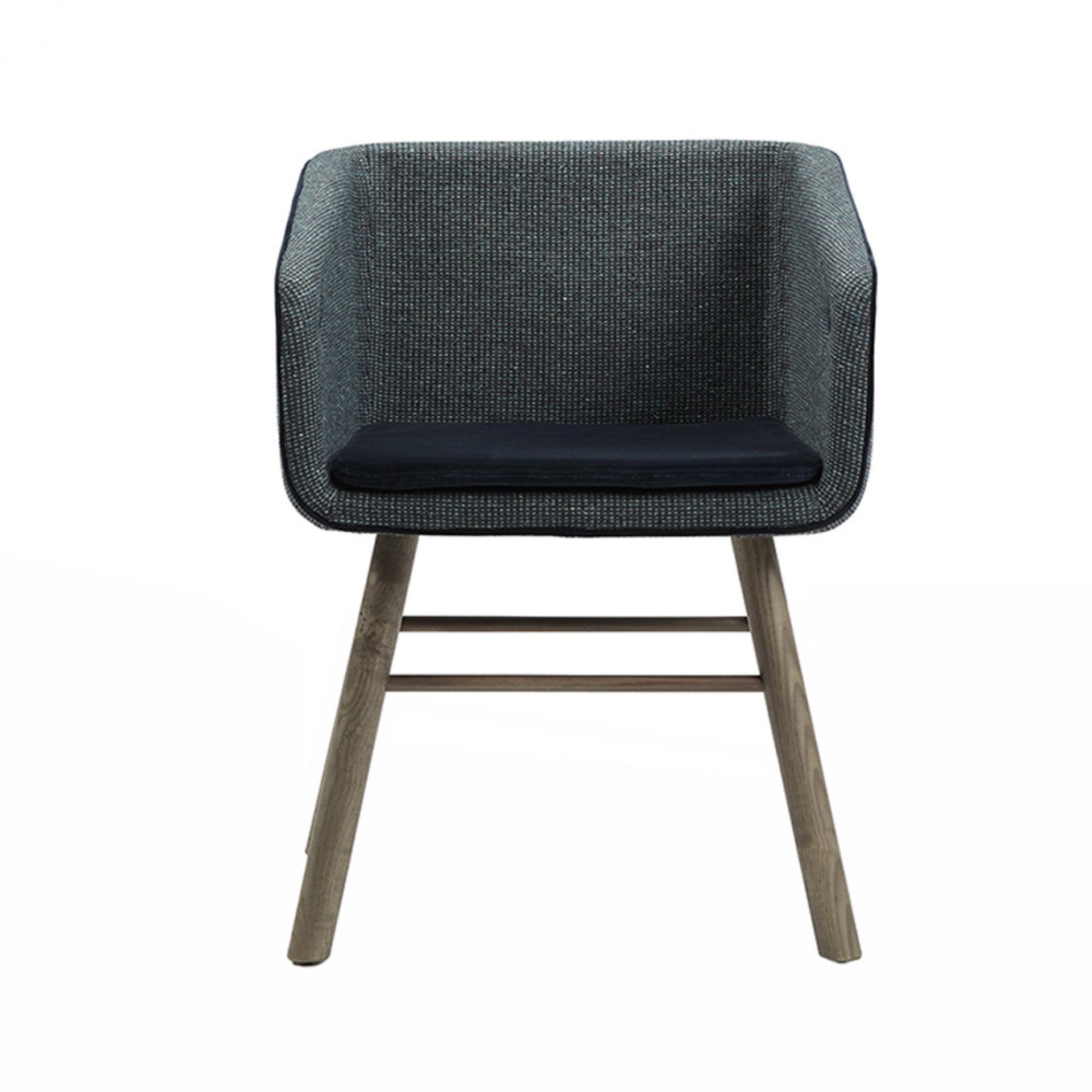 Collar Mao Stuhl: Moderner Sessel mit grauem Stoffbezug und Holzbeinen für Wohnzimmer.