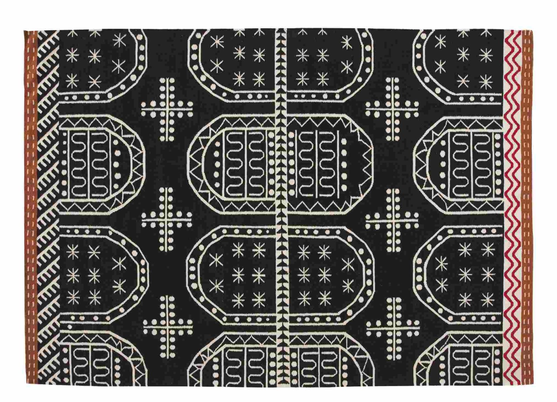 Kilim Tasili Teppich 200x300 cm: Schwarzer Wollteppich mit abstraktem, weißem Muster für Wohnzimmer und Schlafzimmer.