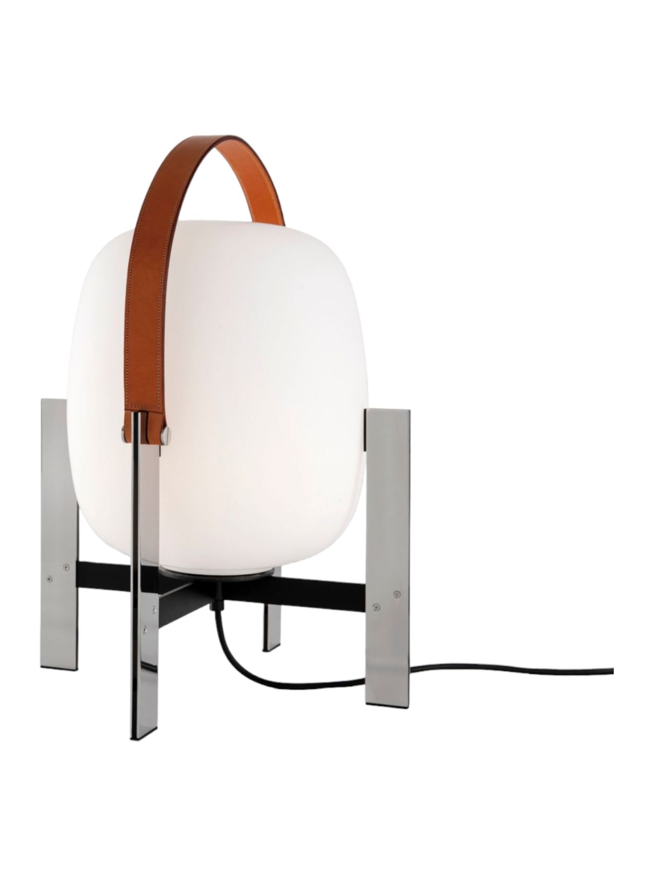 Cesta Metálica Tischleuchte: Moderne Lampe mit weißem Diffusor und Ledergriff auf Metallgestell.