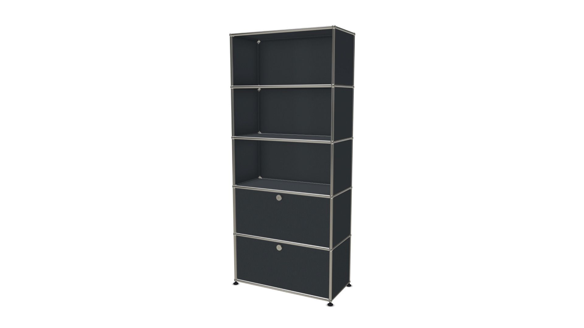 Anthrazitfarbenes USM Haller Regal mit zwei Klappen und offenen Fächern, modernes modulares Möbeldesign.