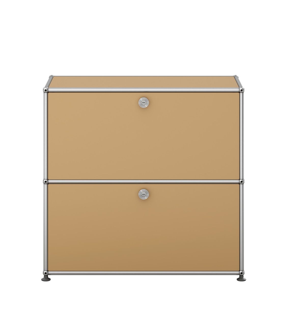 Beiges USM Haller Sideboard klein mit zwei abschließbaren Fächern und verchromtem Gestell.