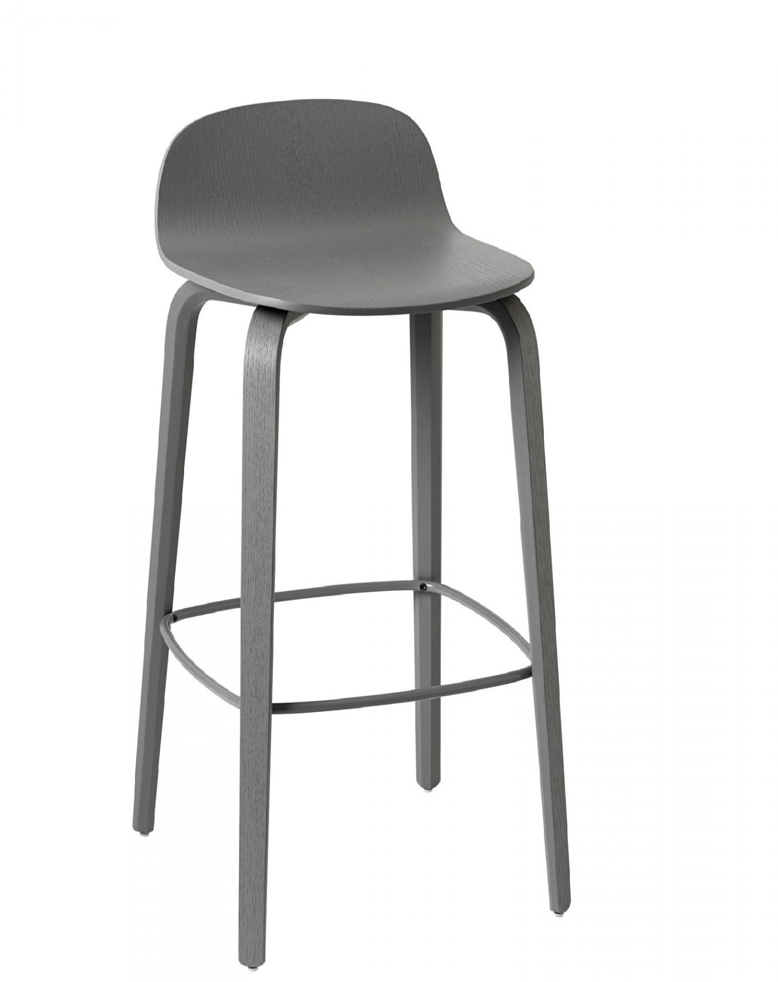 Grauer Visu Barhocker von Muuto mit Holzstruktur und Fußstütze, ideal für moderne Küchen und Bars.