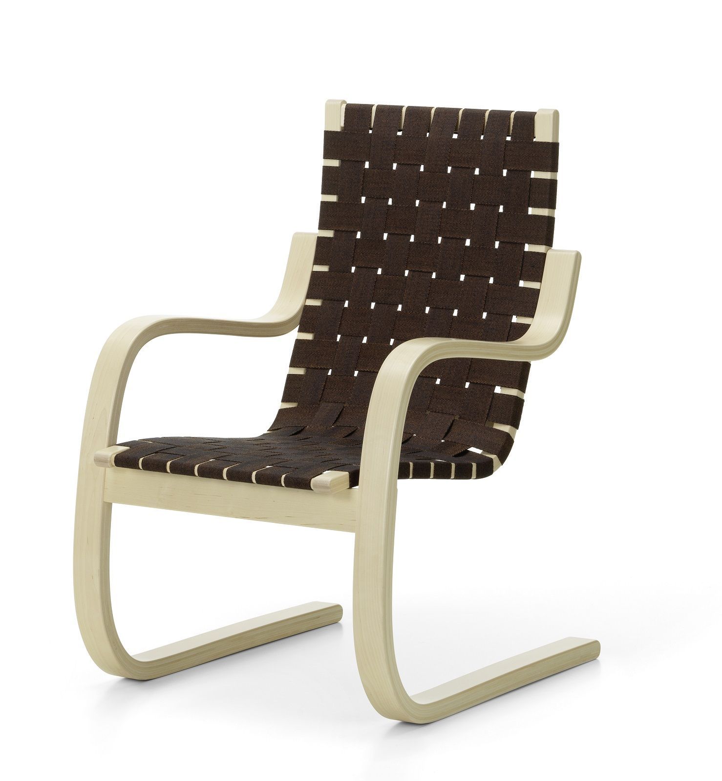 Armchair 406 Sessel: Klassischer Design-Sessel mit braunem Stoffgeflecht und hellem Holzrahmen.