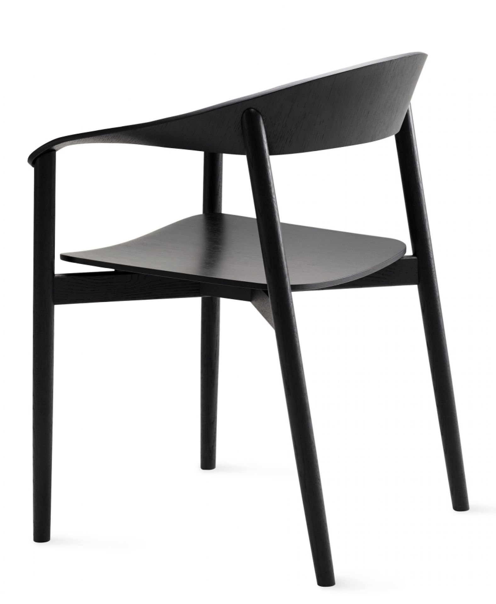 Schwarzer Stella Armlehnenstuhl von Freifrau Manufaktur, Ansicht von hinten, minimalistisches Design, Holzstuhl für Esszimmer.