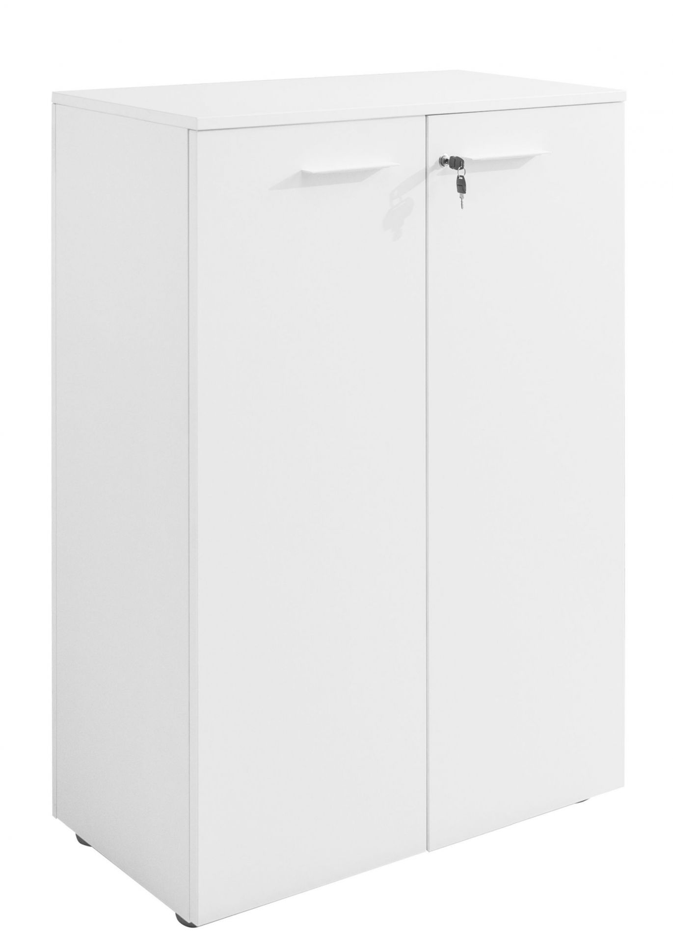 Weißes Sideboard Frezza mit Drehtüren und Schlüssel, Büromöbel zur Aufbewahrung.