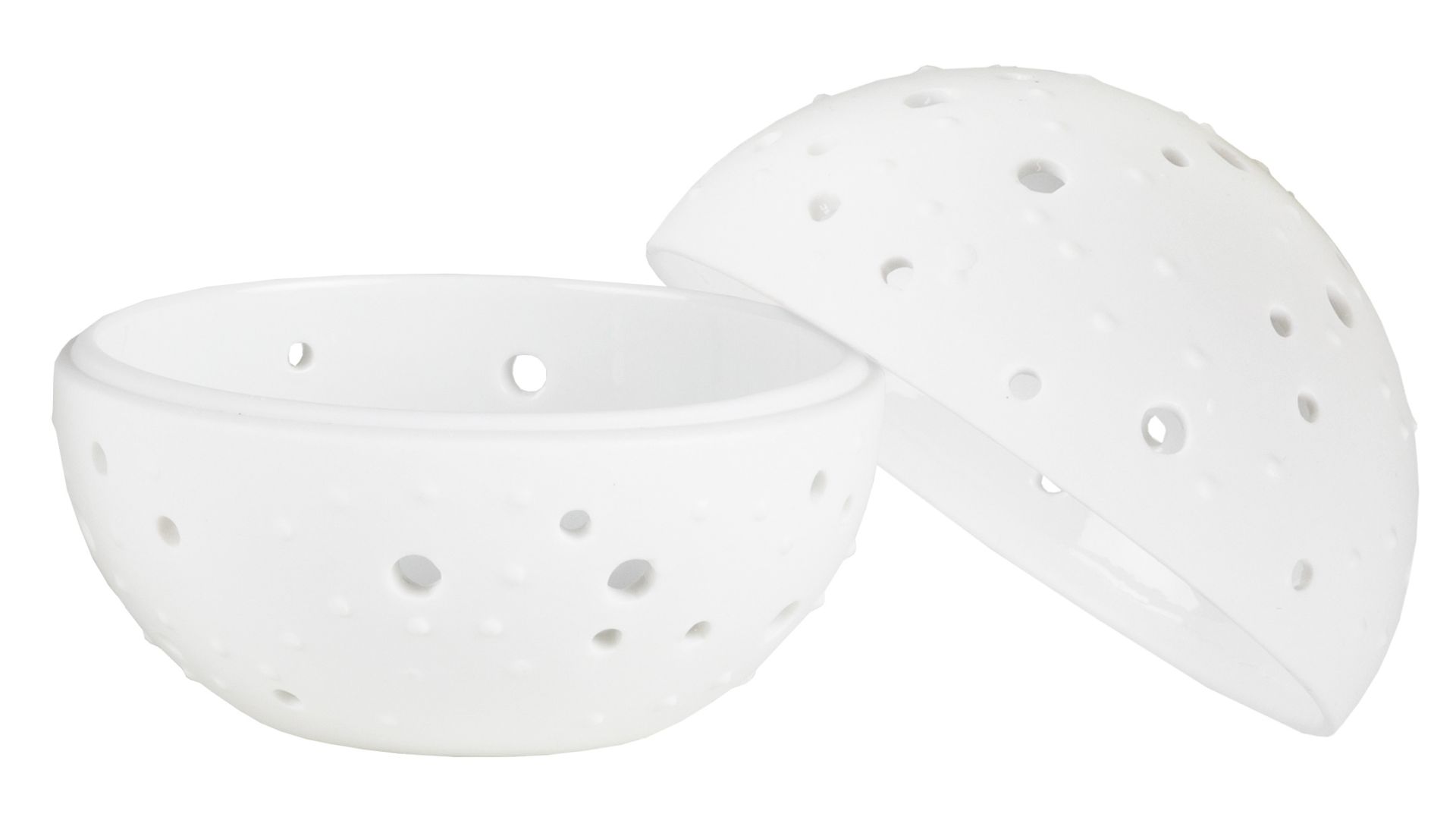 Weiße Living Wunderkugel mit Punktmuster und Löchern, dekoratives Einzelstück für Wohnraumgestaltung.