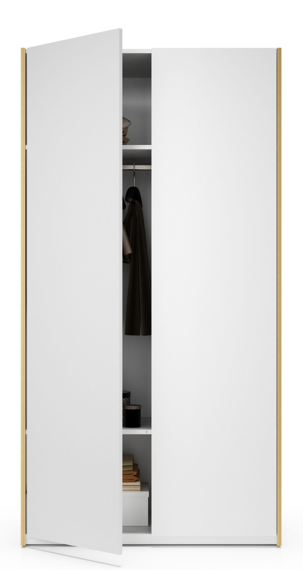 Weißer MODULAR Schrank von Müller Möbelwerkstätten mit offener Tür und Innenleben.