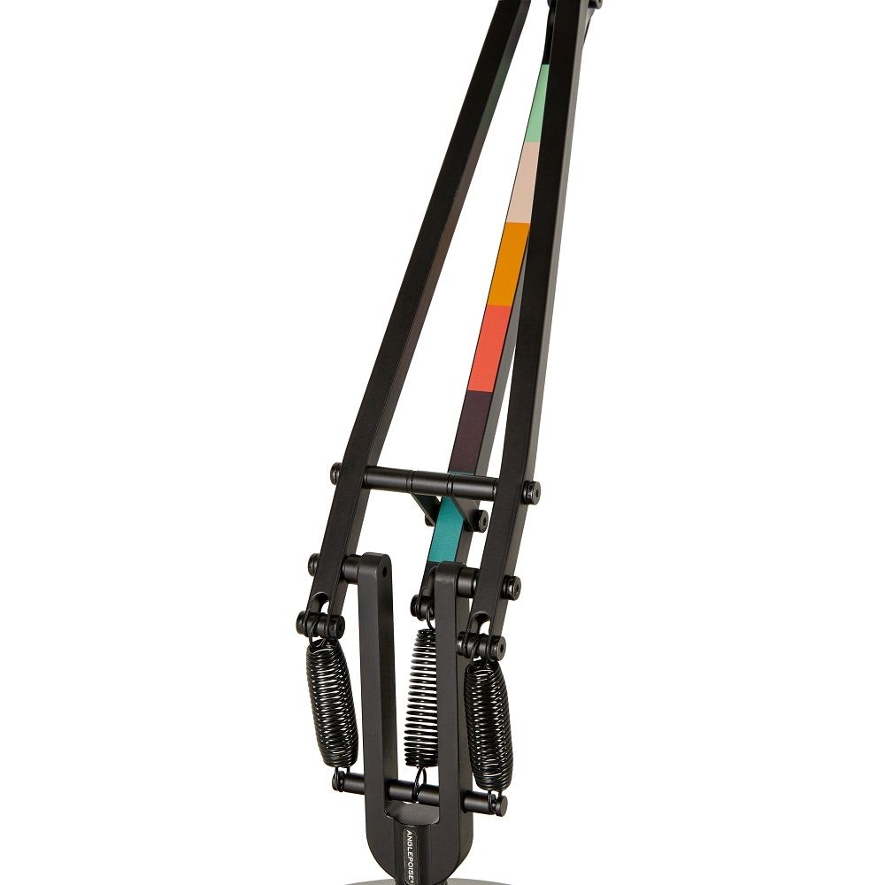Detailaufnahme der Anglepoise Type 75 Mini Paul Smith Edition 5 Tischleuchte, schwarzer Lampenarm mit farbigen Akzenten.