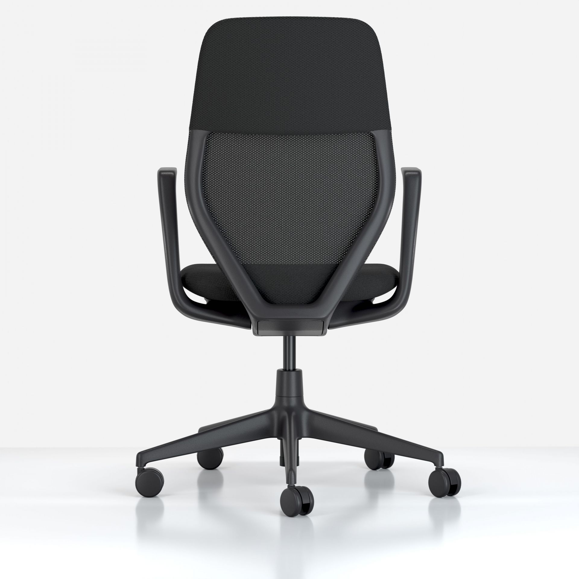 Rückansicht des schwarzen ACX Mesh Bürodrehstuhls von Vitra mit atmungsaktiver Netzrückenlehne und Rollen.