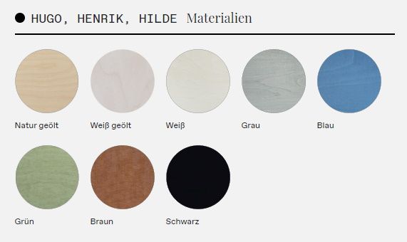 HILDE Bank: Farbvarianten für die Sitzbank in Natur geölt, Weiß, Grau, Blau, Grün, Braun, Schwarz.