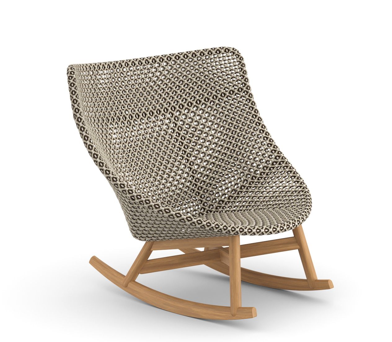 Mbrace Schaukelstuhl von Dedon mit Polsterauflage und Holzgestell, ideal für entspannte Stunden.