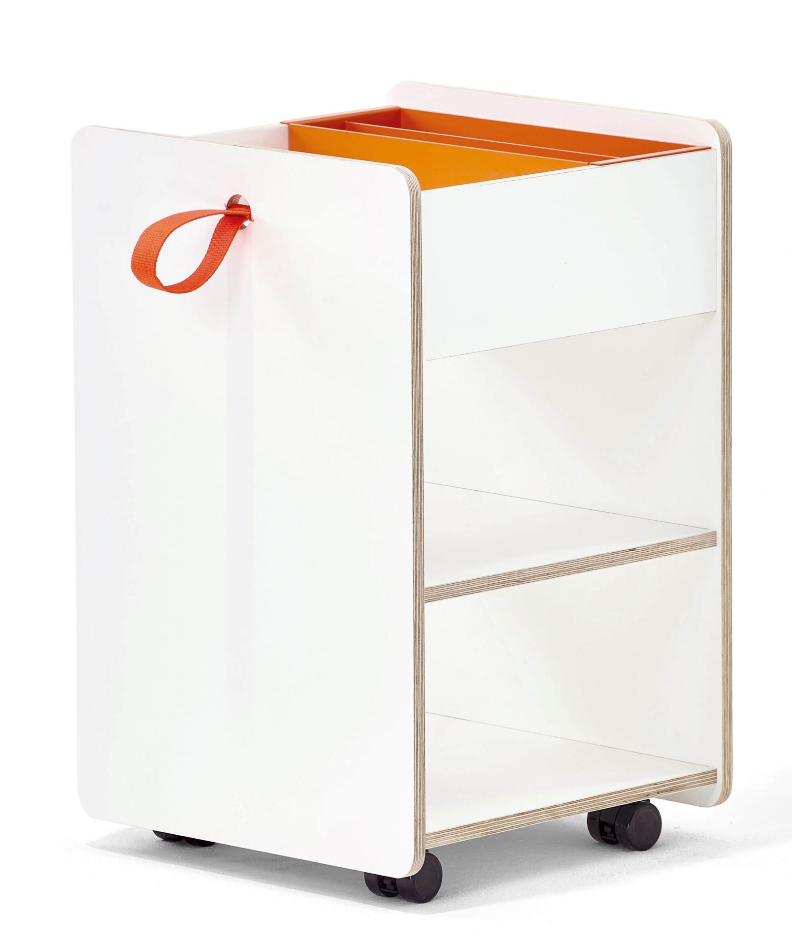 Weißer Kindercontainer Fixx von Richard Lampert mit Rollen, Griff und orangefarbenen Hängeordnern.