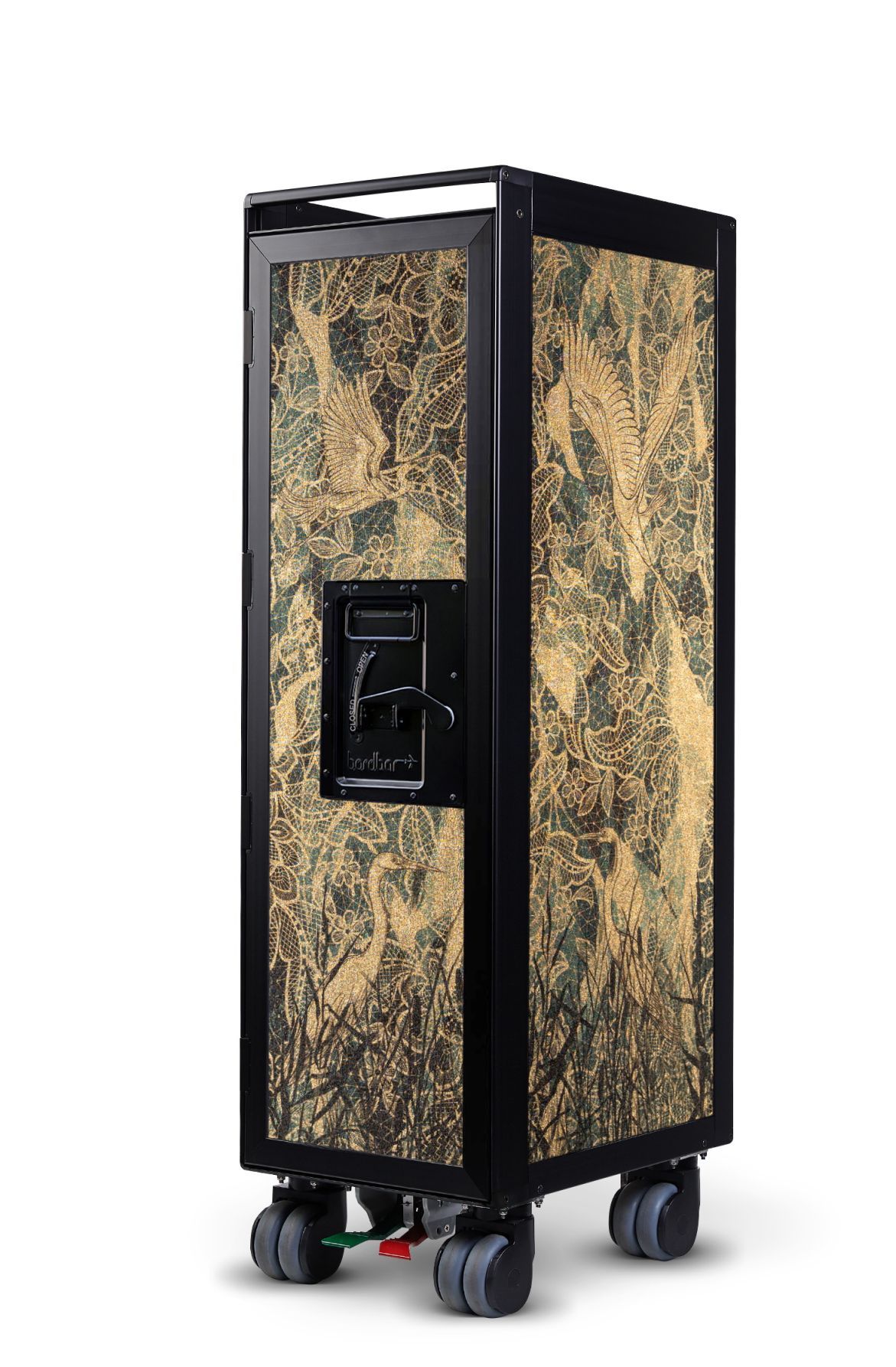 Bordbar Flugzeugtrolley mit schwarzem Rahmen und goldenem Kranich-Muster, ideal als Designmöbel und Bar.