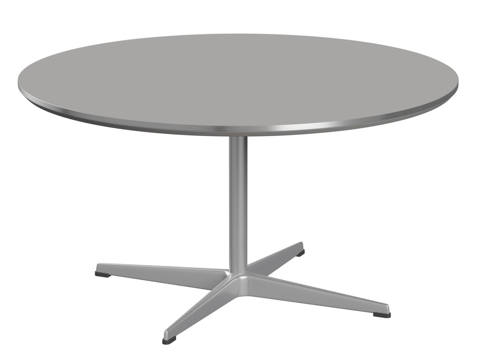 Silberner Fritz Hansen Couchtisch, rund, mit zentralem Fuß und vierbeiniger Basis.