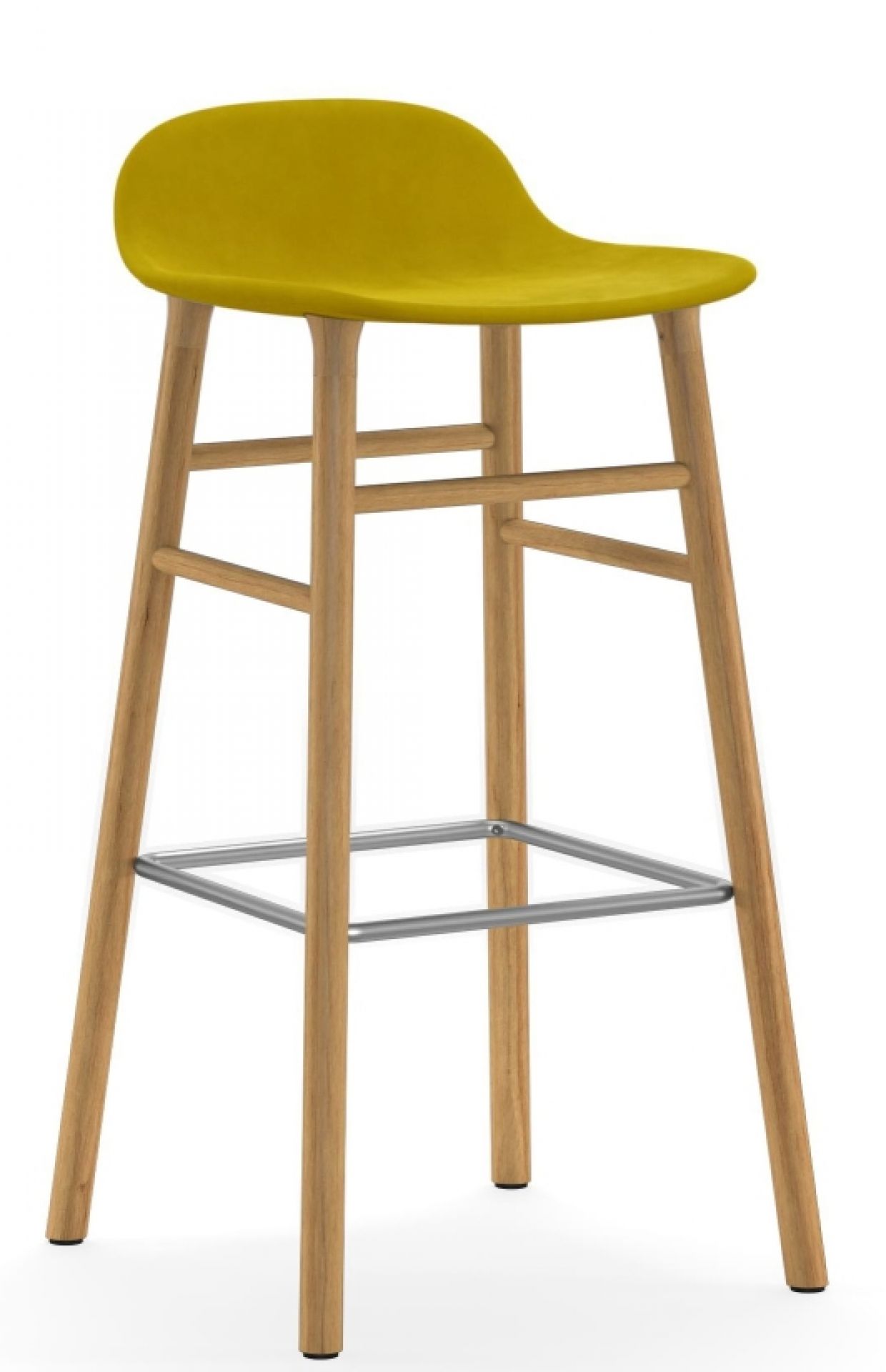 Gelber Form Barstool Barhocker von Normann Copenhagen mit Holzgestell und gepolsterter Sitzfläche.
