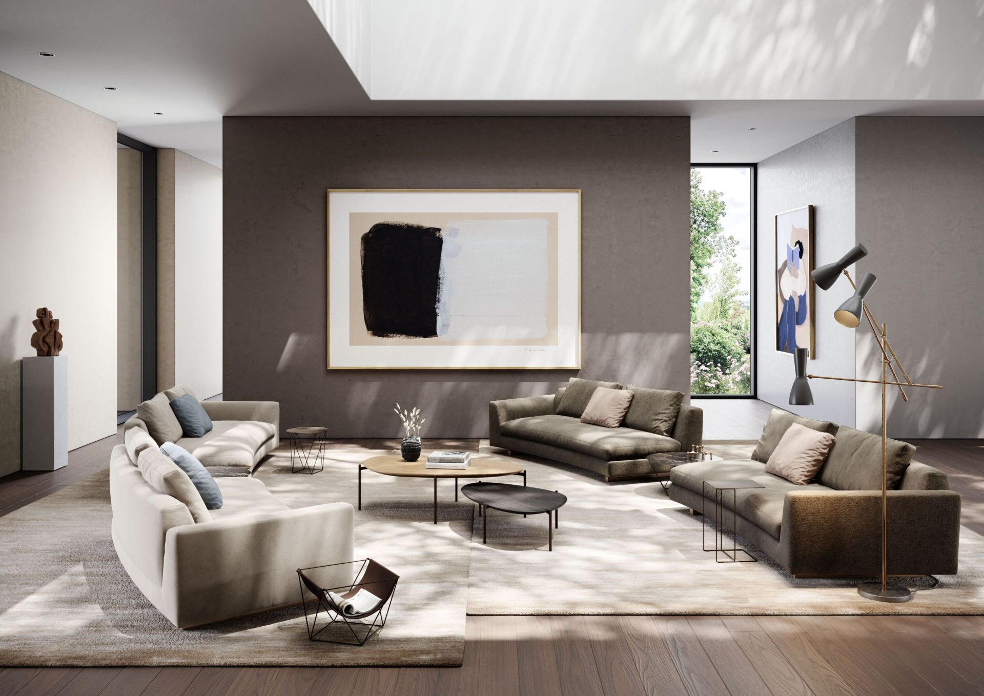 Wohnzimmer mit Ishino Wood Table Beistelltisch von Walter Knoll, Couch, Teppich und Kunst.