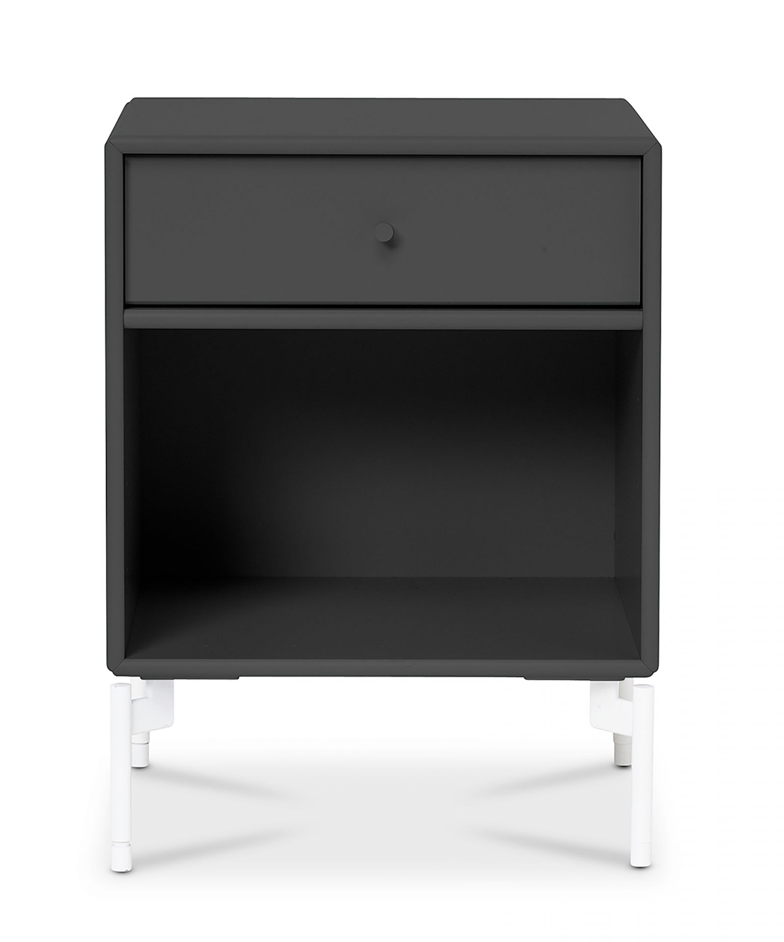 Dunkelgrauer DREAM Nachttisch mit Schublade und offenem Fach, stehend auf weißen Füßen.