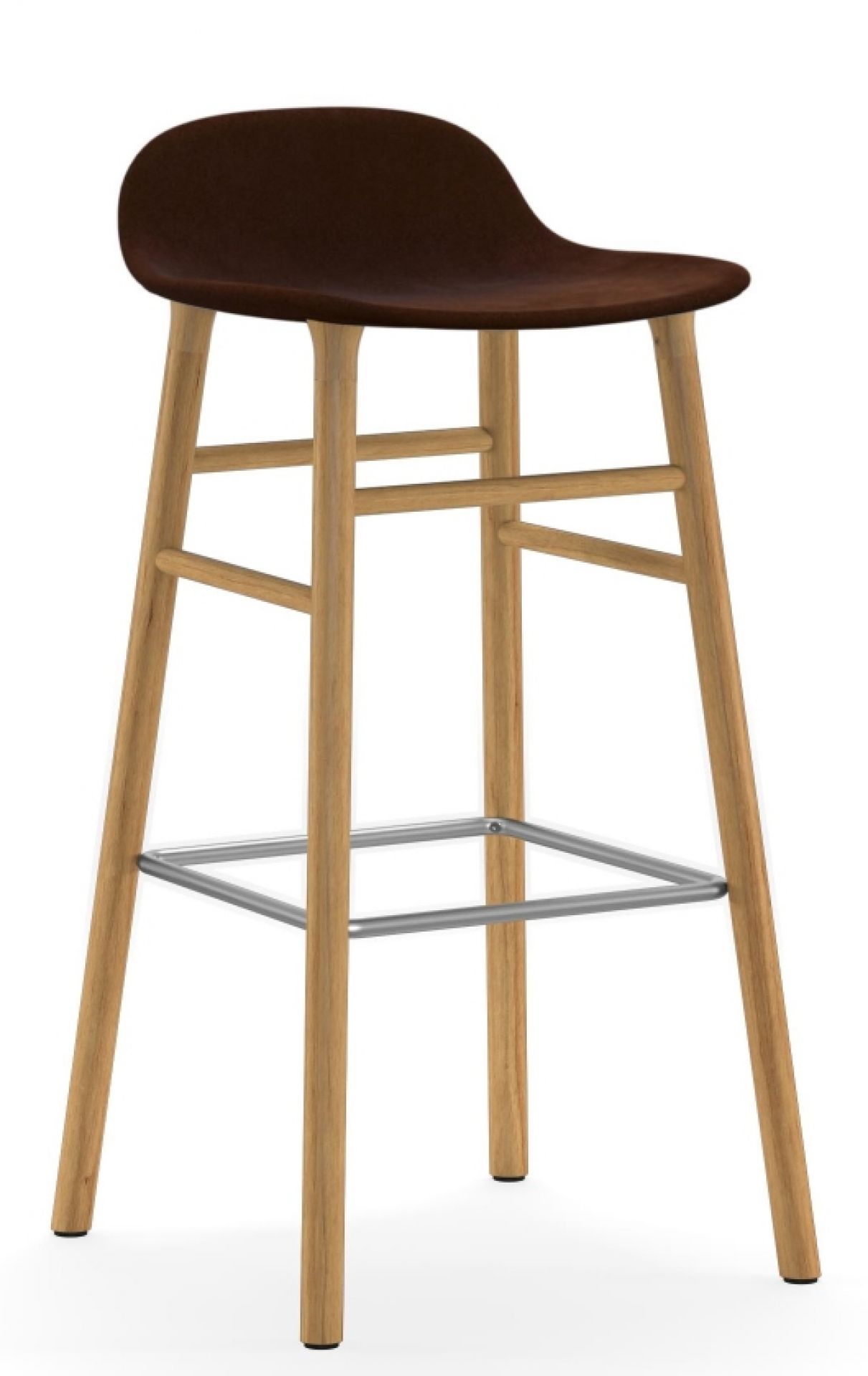 Form Barstool Barhocker von Normann Copenhagen: Holzgestell mit braun gepolsterter Sitzfläche, Höhe 75 cm.