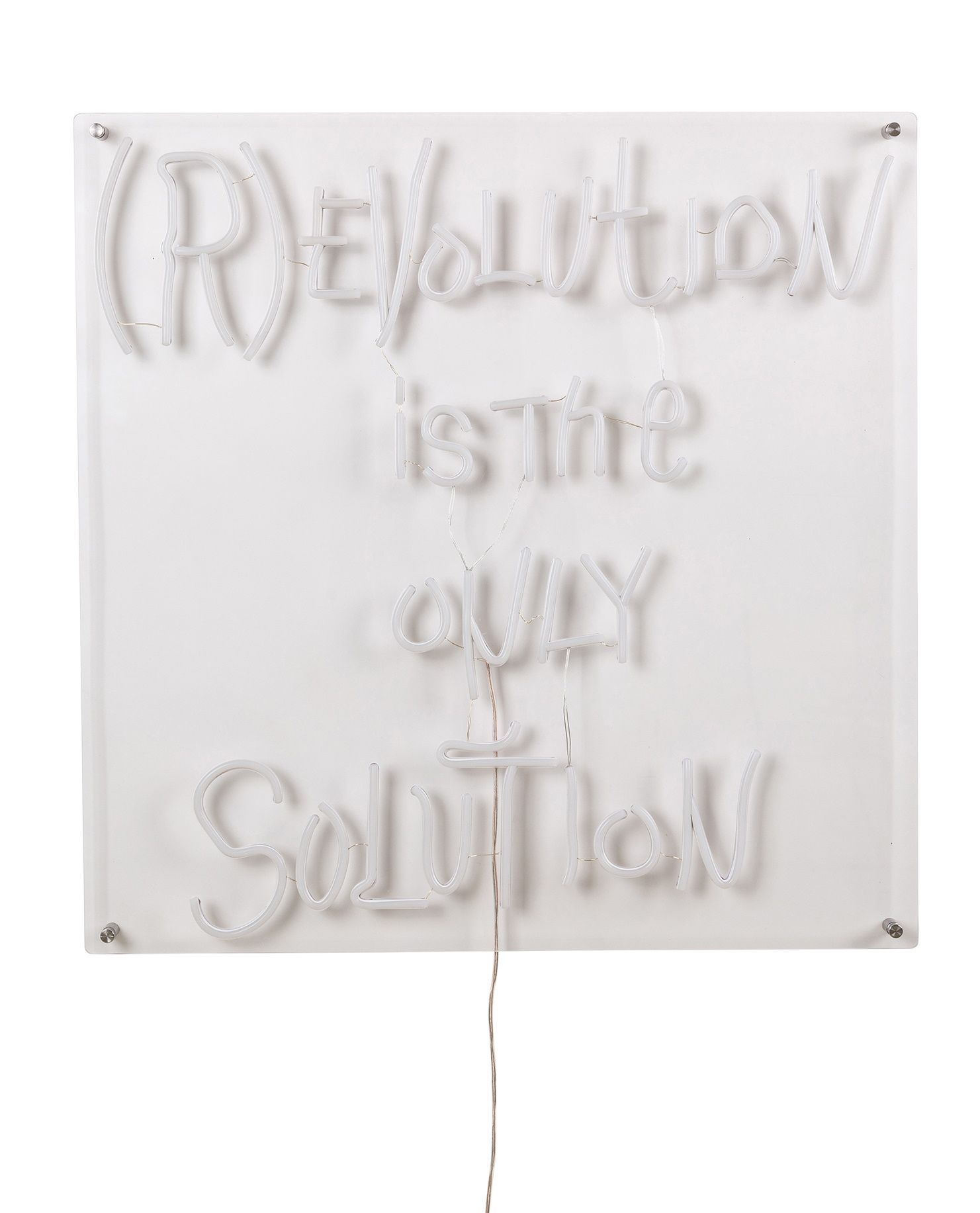 Weiße Revolution LED Wandleuchte von Seletti mit dem Schriftzug "Revolution is the only Solution".