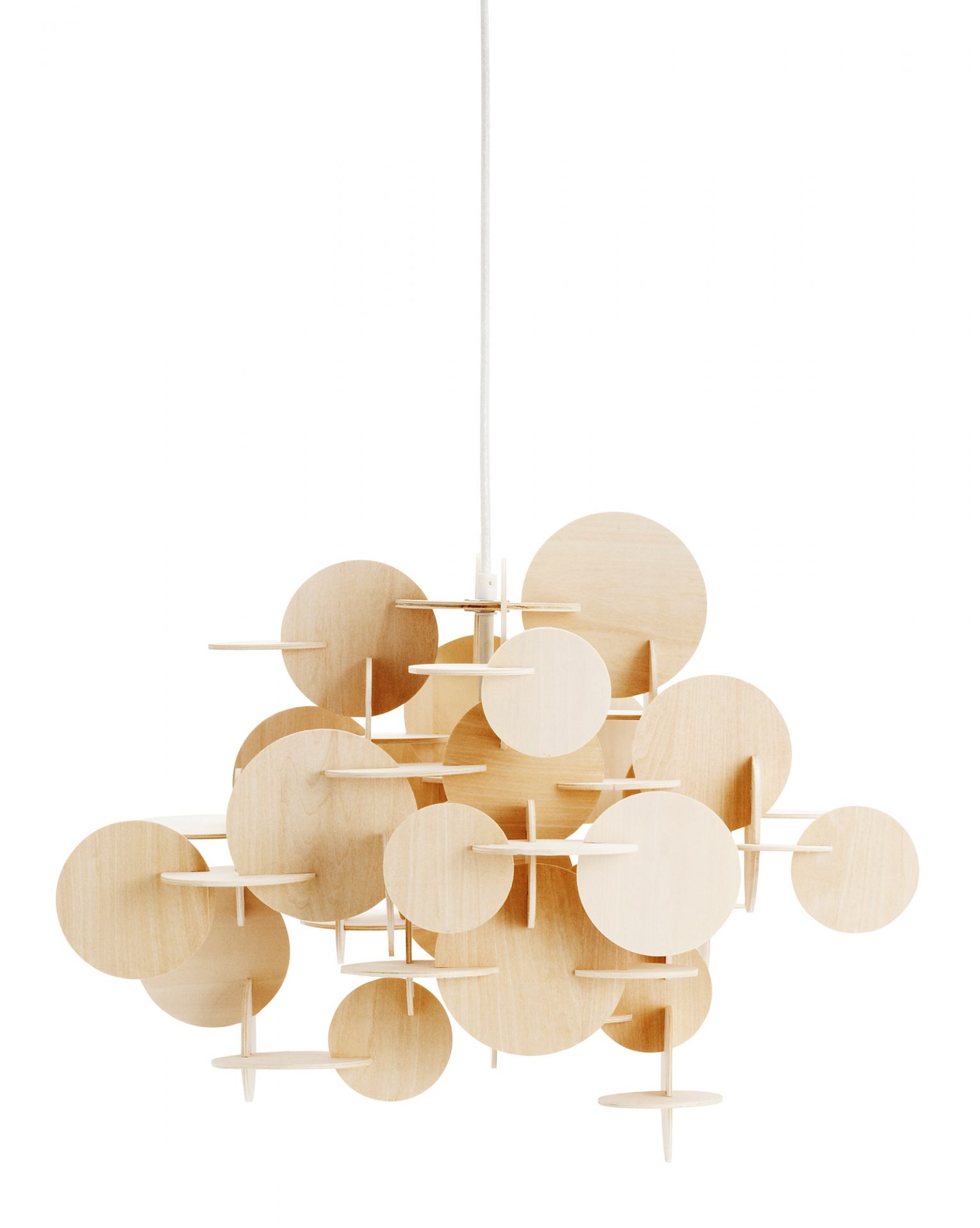 Bau Lamp Natur Pendelleuchte von Normann Copenhagen, kleine Holzlampe mit runden Elementen.