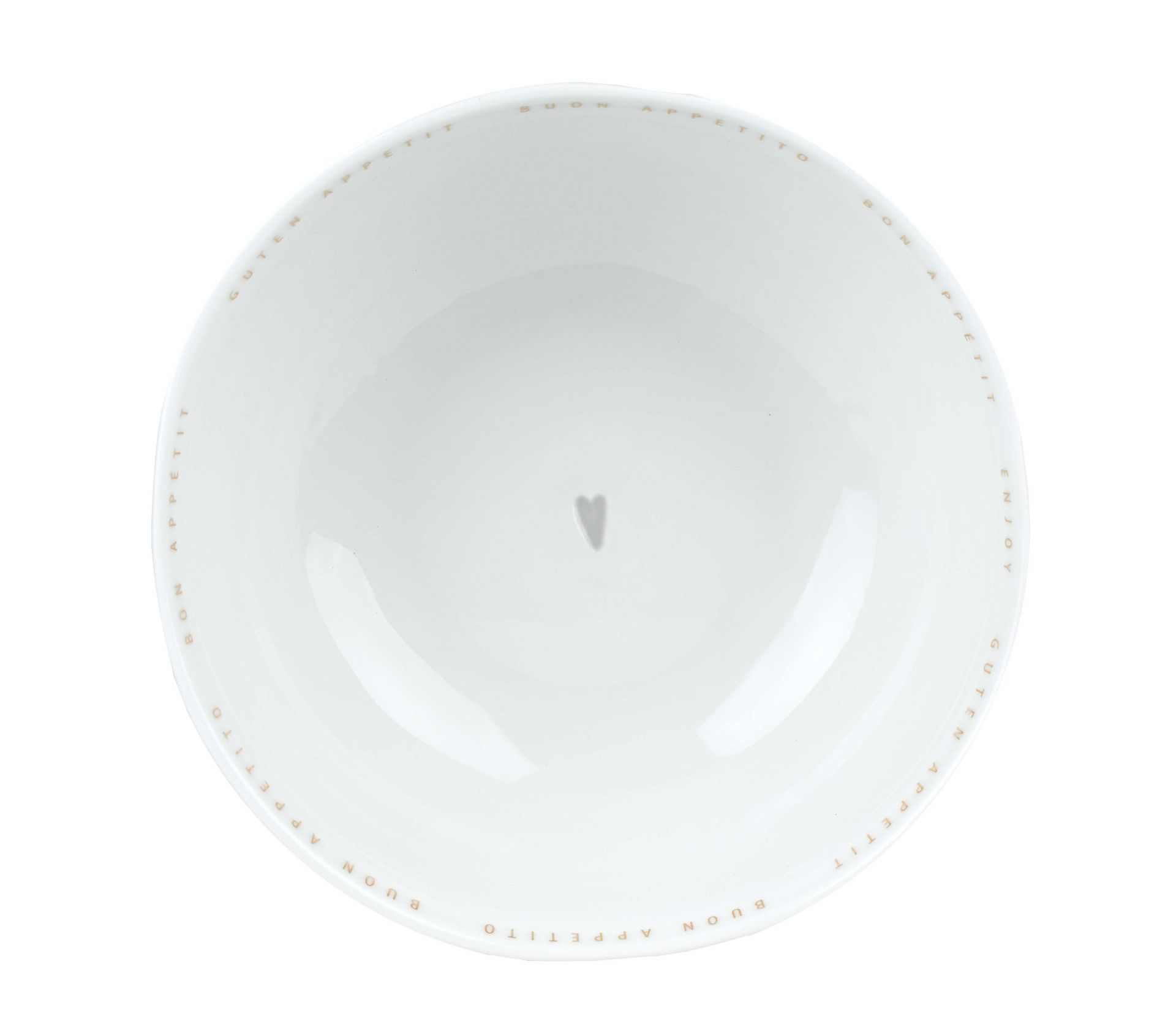 Weiße "Guten Appetit" Schüssel von Räder mit kleinem Herz in der Mitte, Draufsicht.