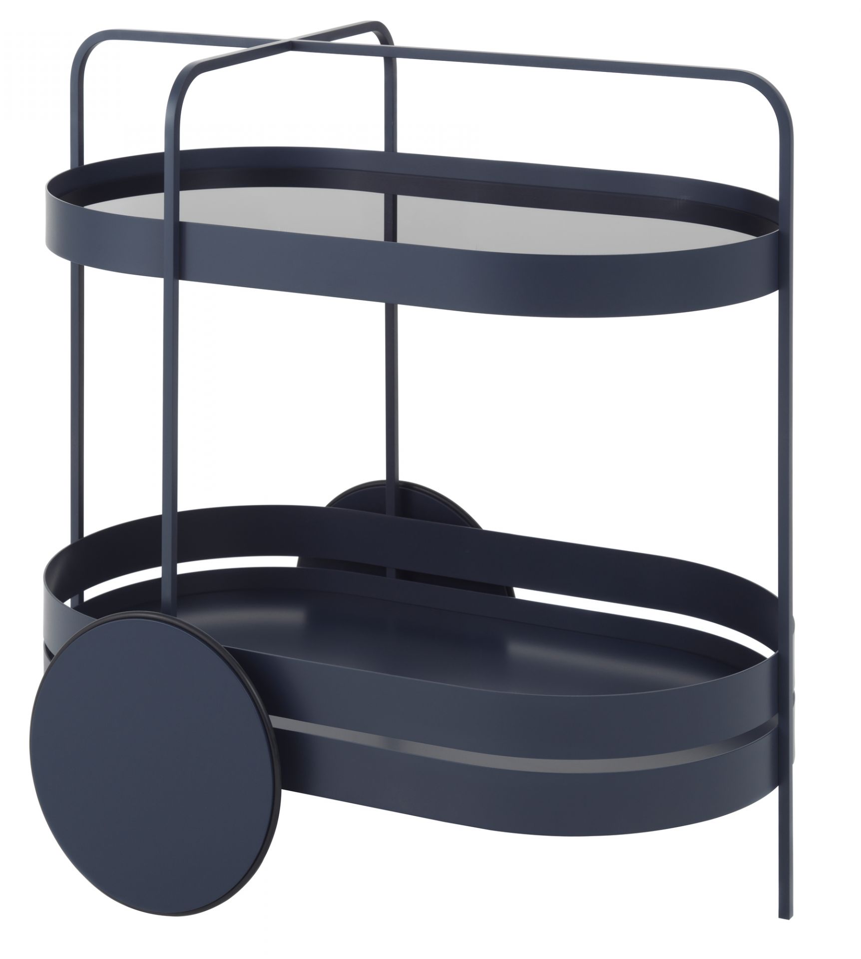 Grace Servierwagen Nachtblau von Schönbuch: Ovaler, zweistöckiger Barwagen aus Metall mit Rollen.