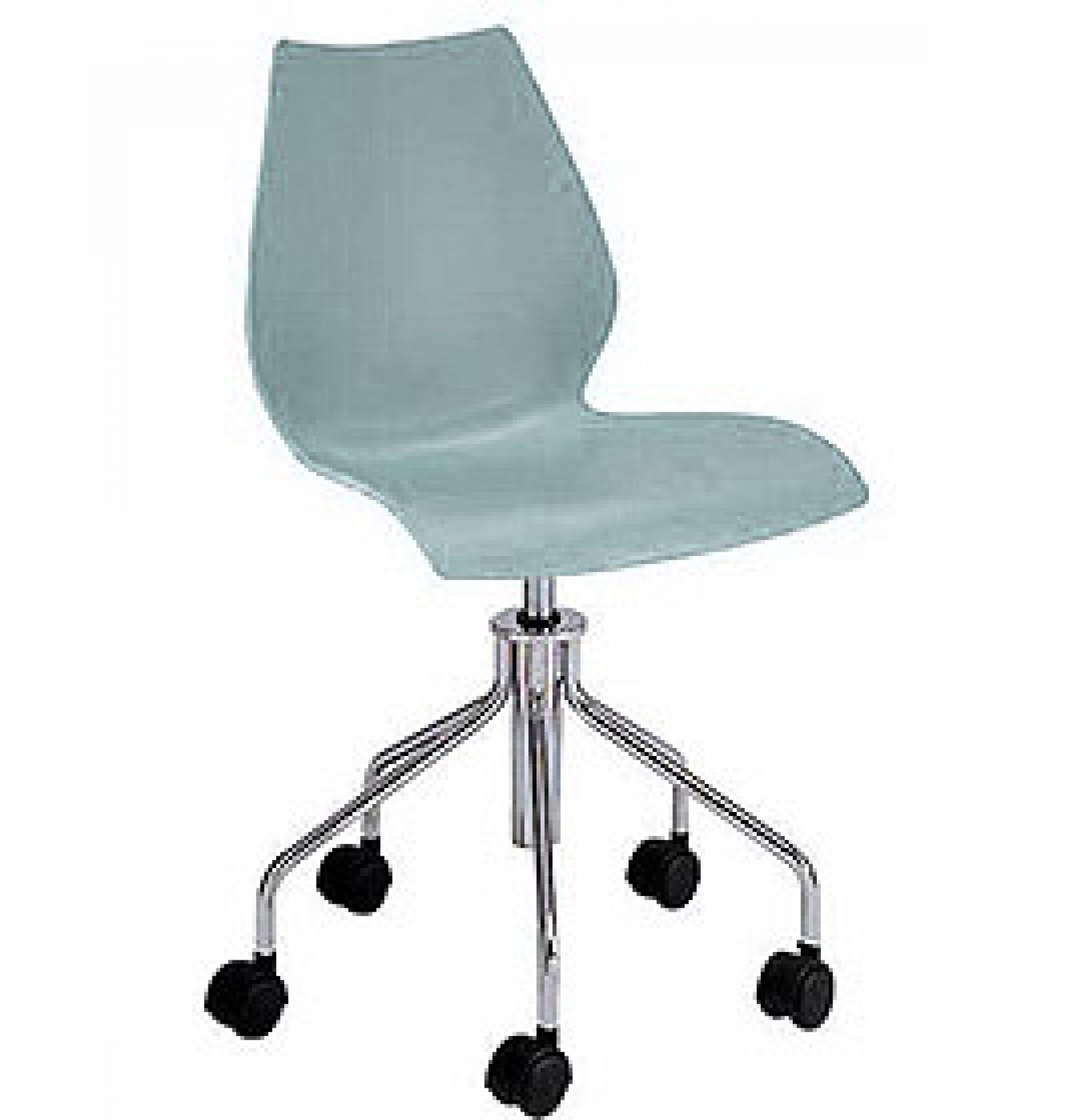 Hellblauer Maui Drehstuhl von Kartell mit Gasfeder und Chromgestell auf Rollen. Bürostuhl für ergonomisches Sitzen.