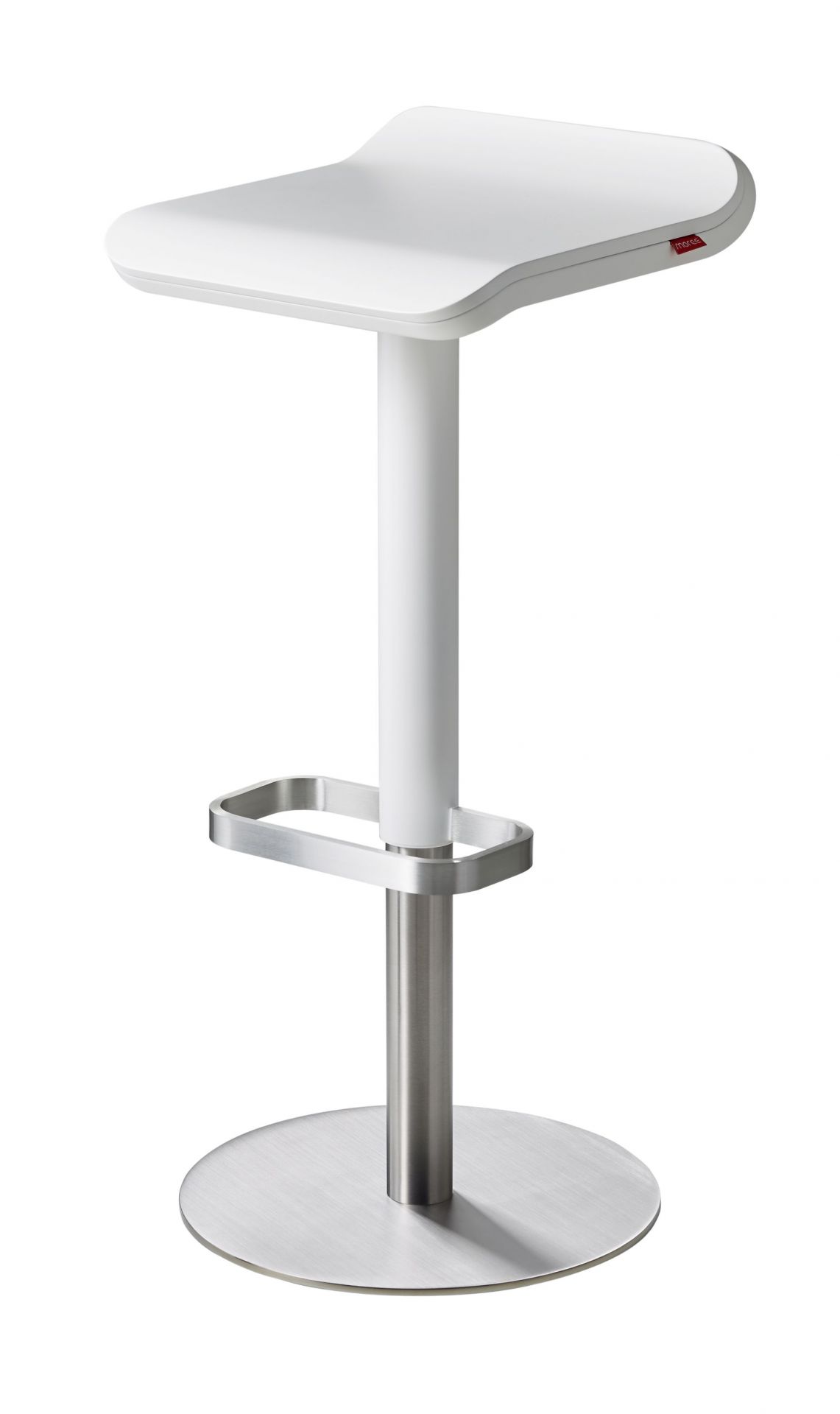Weißer ED Barhocker von Moree, höhenverstellbar mit Fußstütze und rundem Fuß für die Küche.