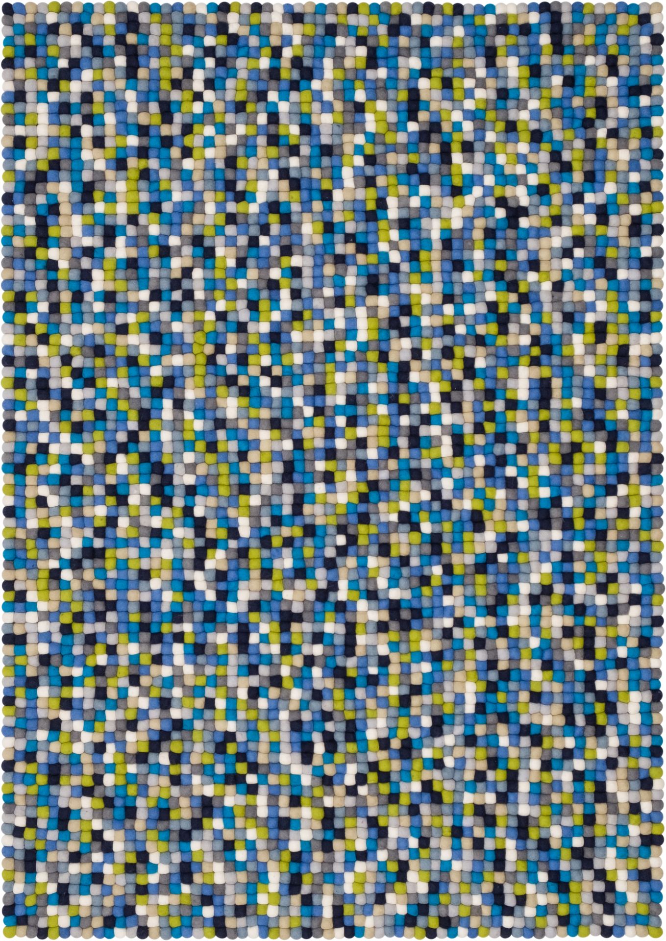 Detailansicht: Myfelt Filzkugel Teppich 160x230 cm mit blau-grün-grauem Muster. Handgefertigter Wollteppich.