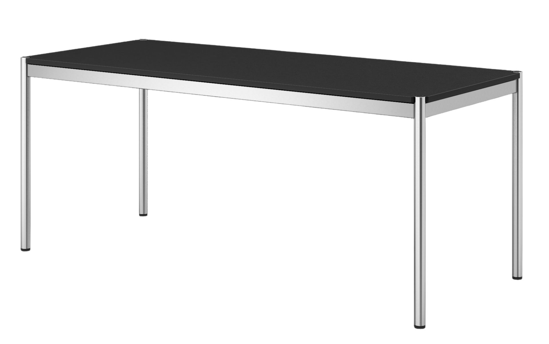 USM Haller Tisch mit schwarzer Linoleum-Tischplatte und verchromtem Gestell, ideal als Bürotisch oder Esstisch.