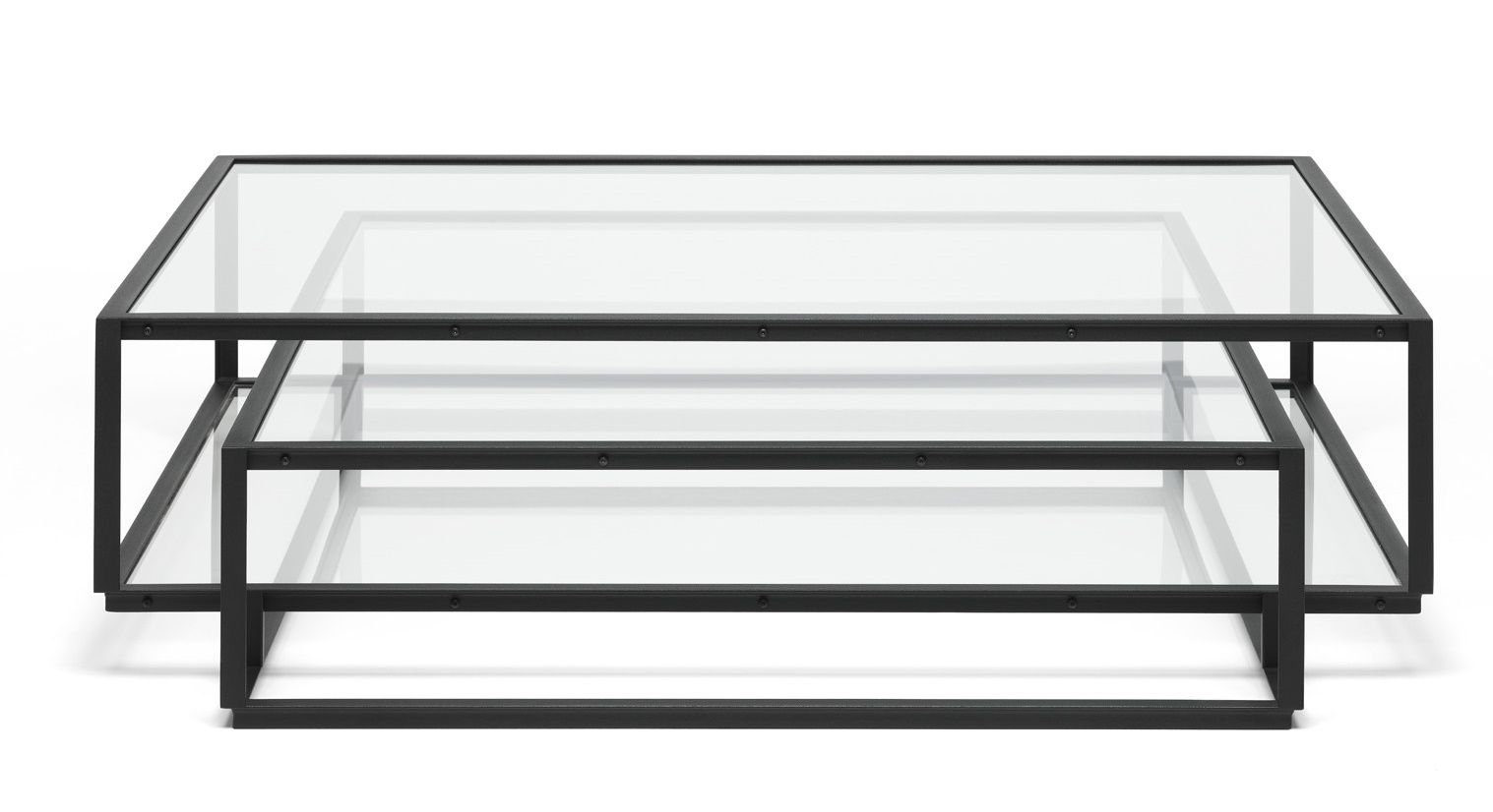 Tangled Square Couchtisch Spectrum mit Glasplatte und schwarzem Metallgestell, moderner quadratischer Wohnzimmertisch.