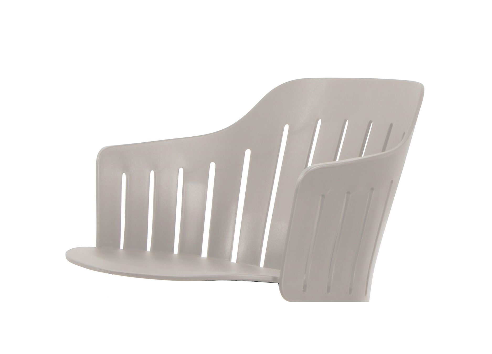 Choice Outdoor Stuhl von Cane-Line, taupefarben, mit Stahlgestell und vertikalen Schlitzen für den Außenbereich.