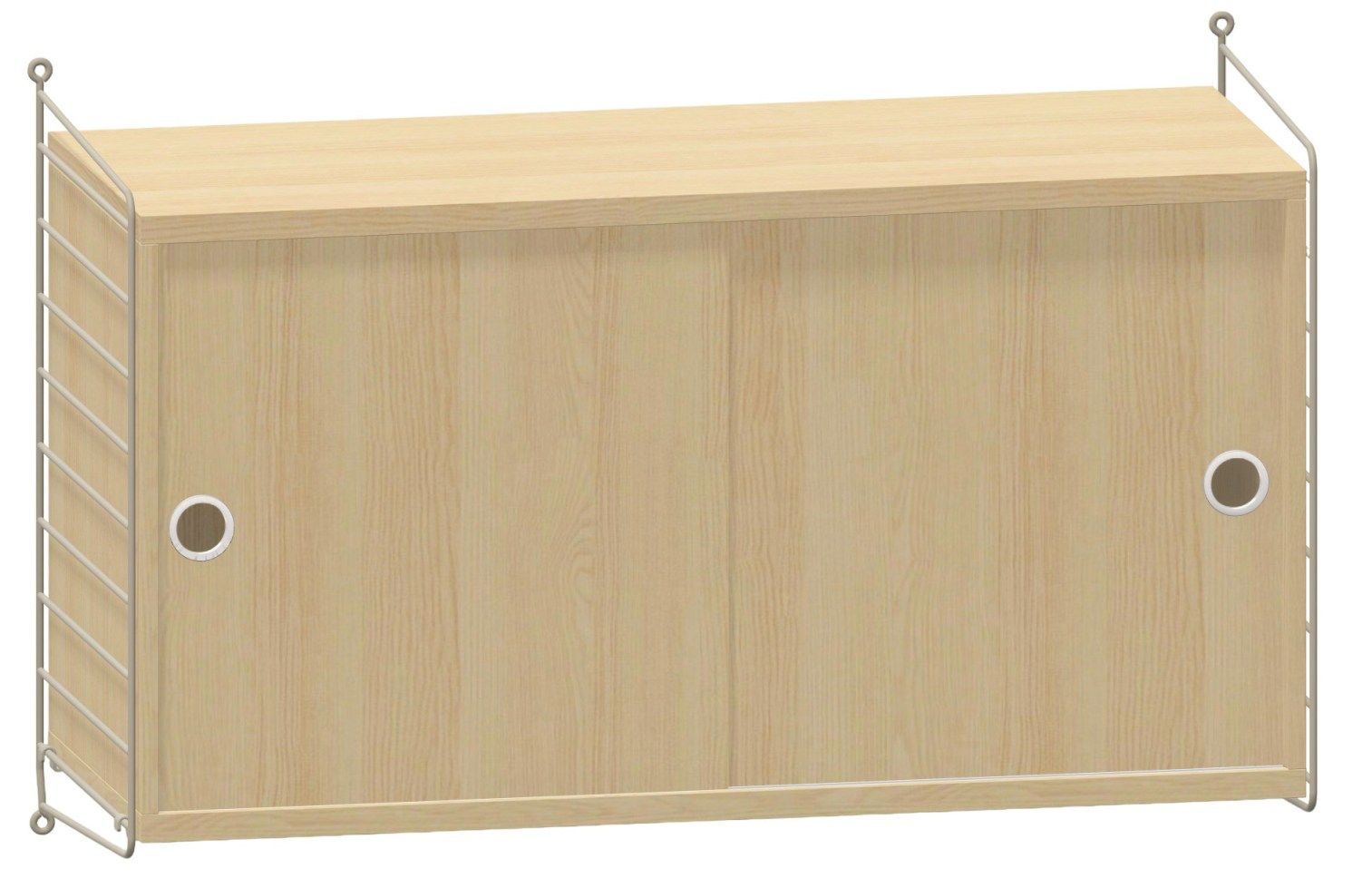 Wohnzimmer String Furniture Konfiguration: Helles Holz Sideboard mit Schiebetüren und minimalistischem, weißen Metallgestell.