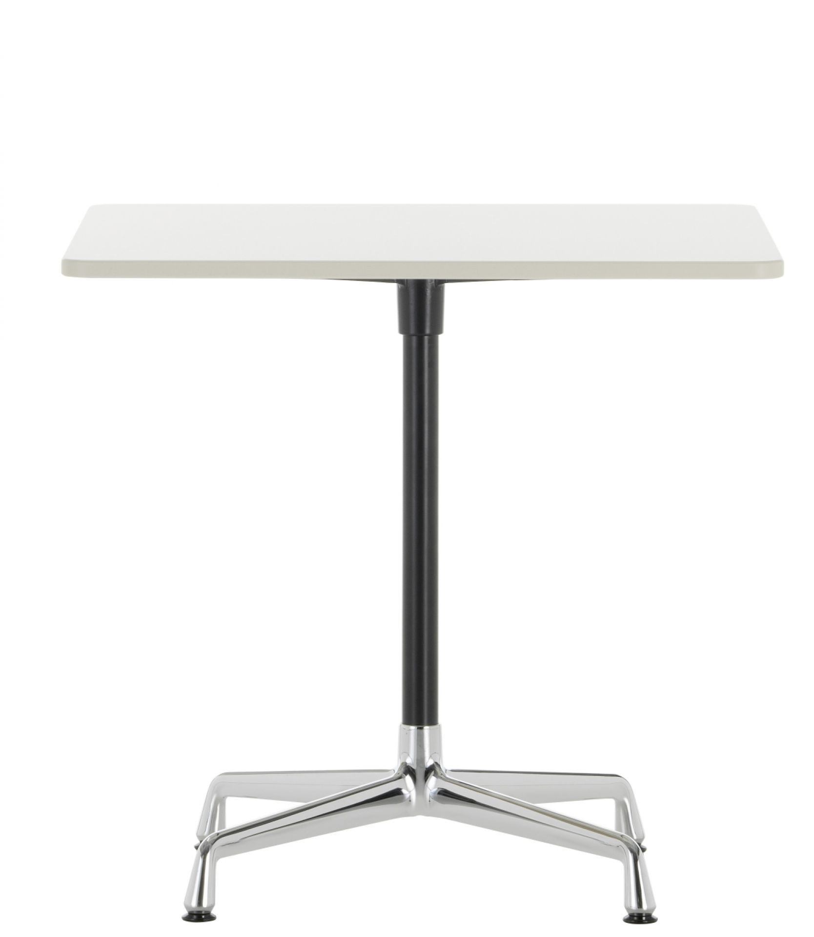Vitra Eames Contract Table, quadratischer Tisch mit weißer Tischplatte und verchromtem Fußkreuz.