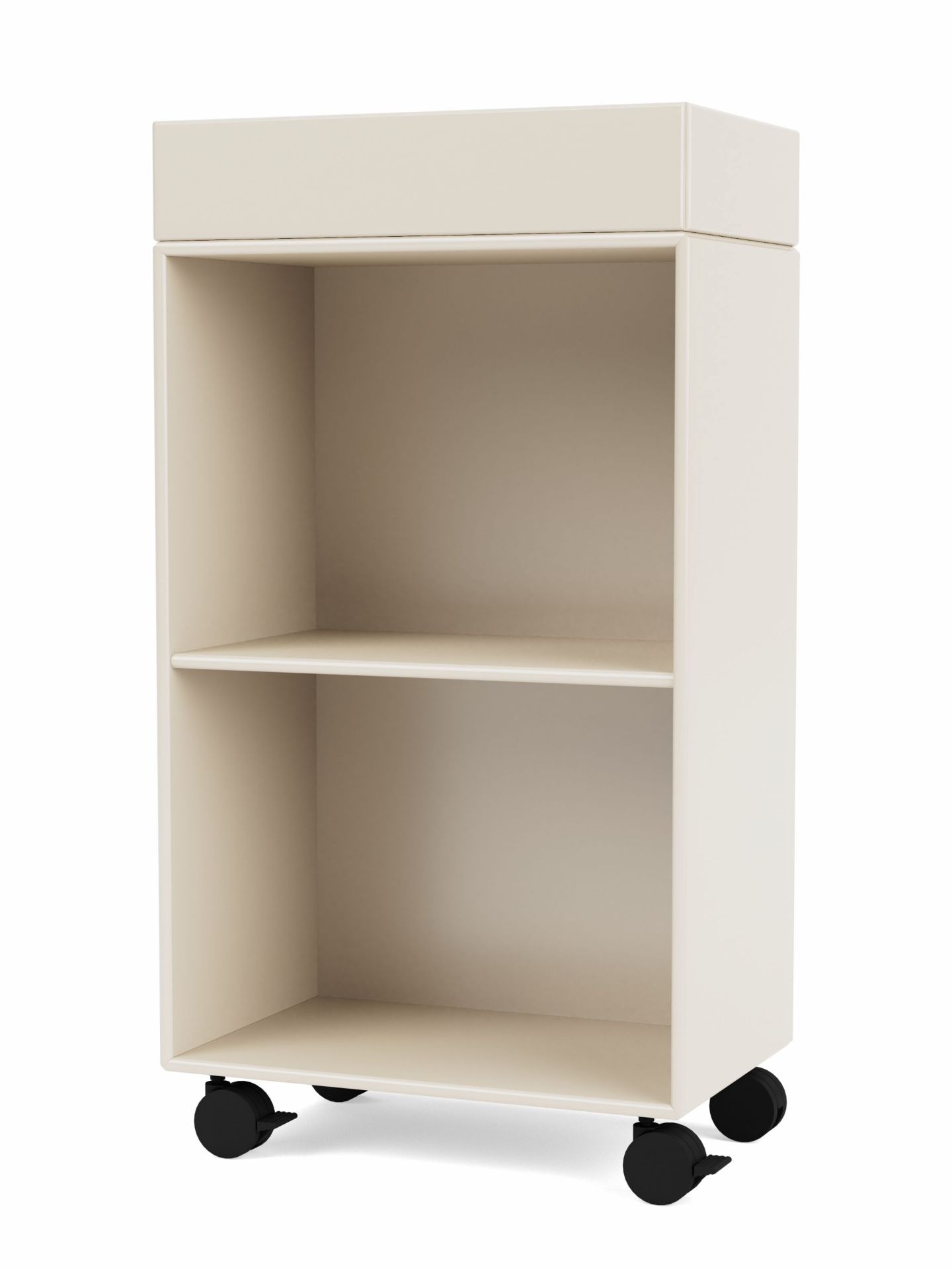 PREPPY Wagen Oat Montana: Moderner Rollwagen in Beige mit zwei offenen Regalfächern.