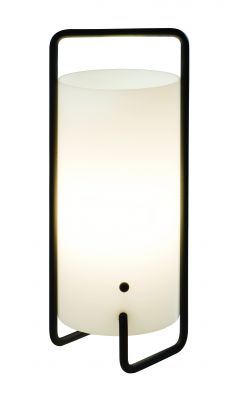 ASA Tischleuchte von Santa & Cole: Moderne Lampe mit schwarzem Rahmen und zylindrischem Lampenschirm.