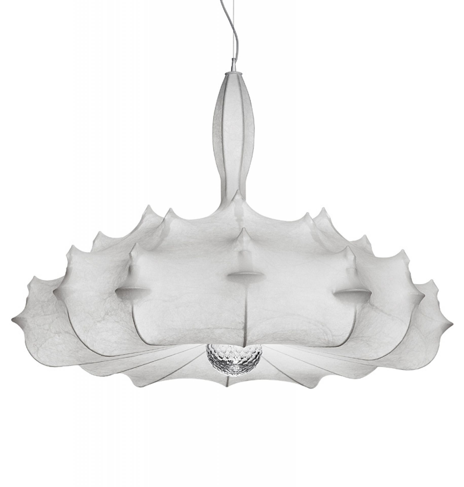 Weiße Flos Zeppelin Hängeleuchte mit kokonartigem Diffusor und funkelndem Kristall, moderne Innenbeleuchtung für Wohnzimmer und Esszimmer.