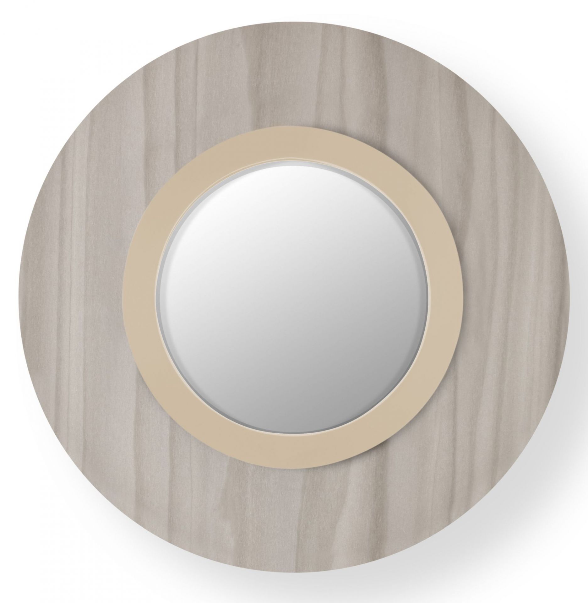 Lens LED Wandleuchte von LZF Lamps: Runde Lampe mit elfenbeinweißem Metallring und grauem Hintergrund.