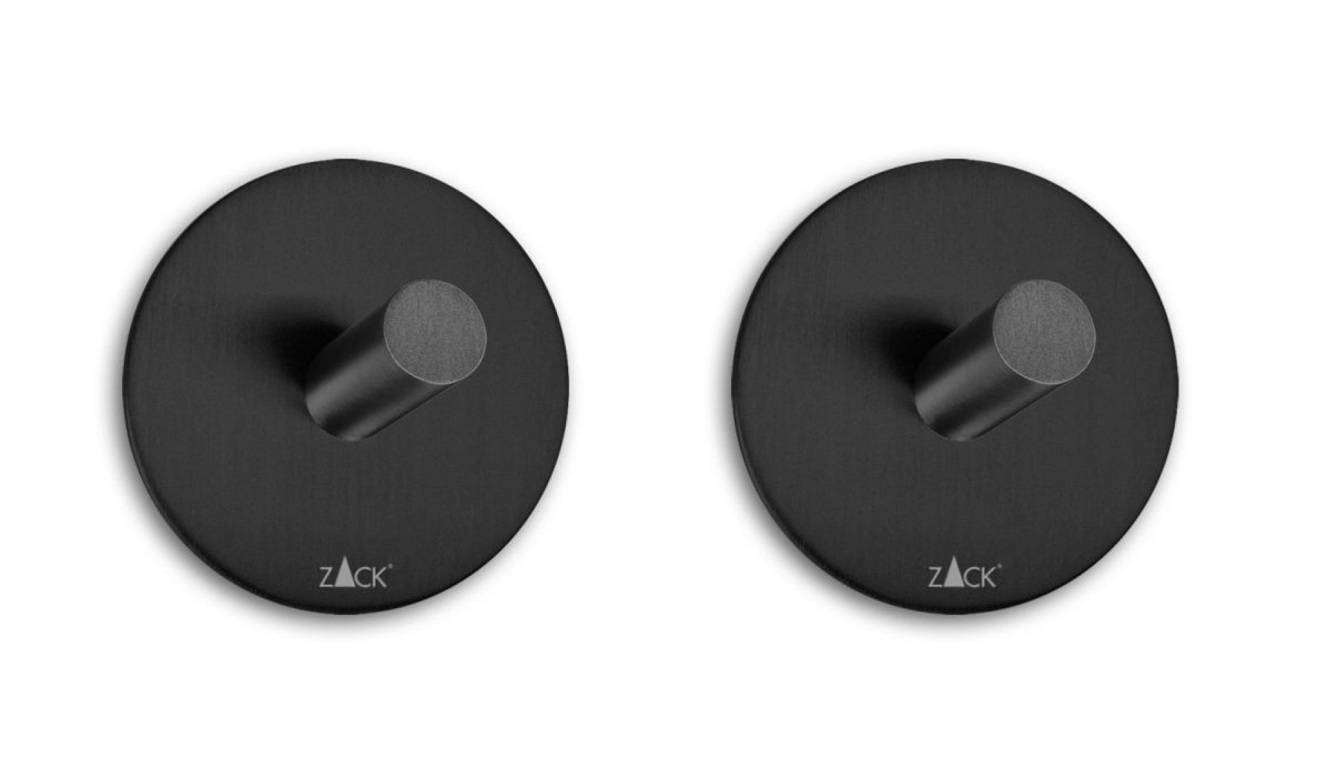 Zwei runde, schwarze ZACK Handtuchhaken zur Wandmontage für Bad oder Küche.