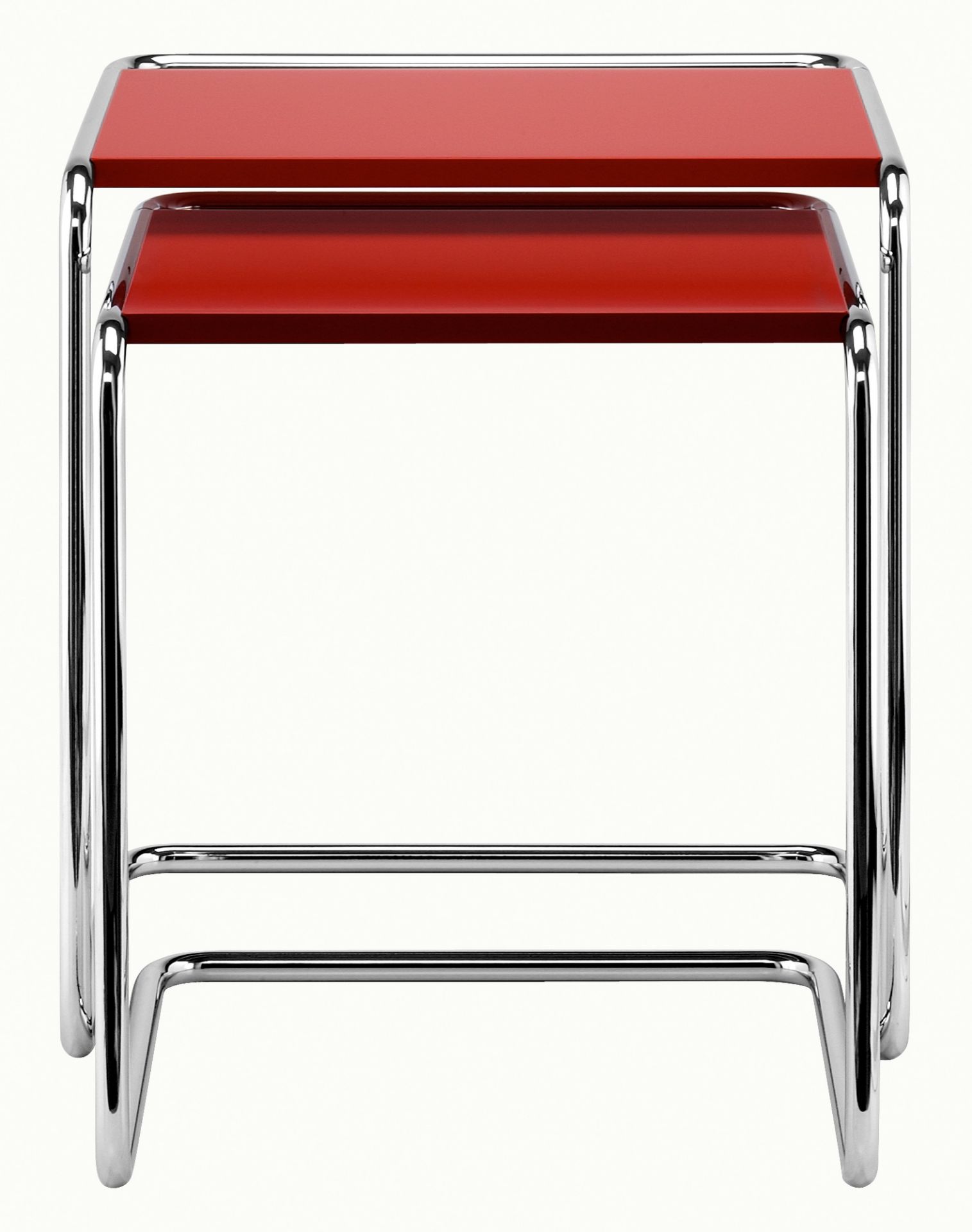 B97 Thonet Beistelltisch Set: Zwei rote Satztische mit verchromtem Stahlrohrgestell. Modernes Design.